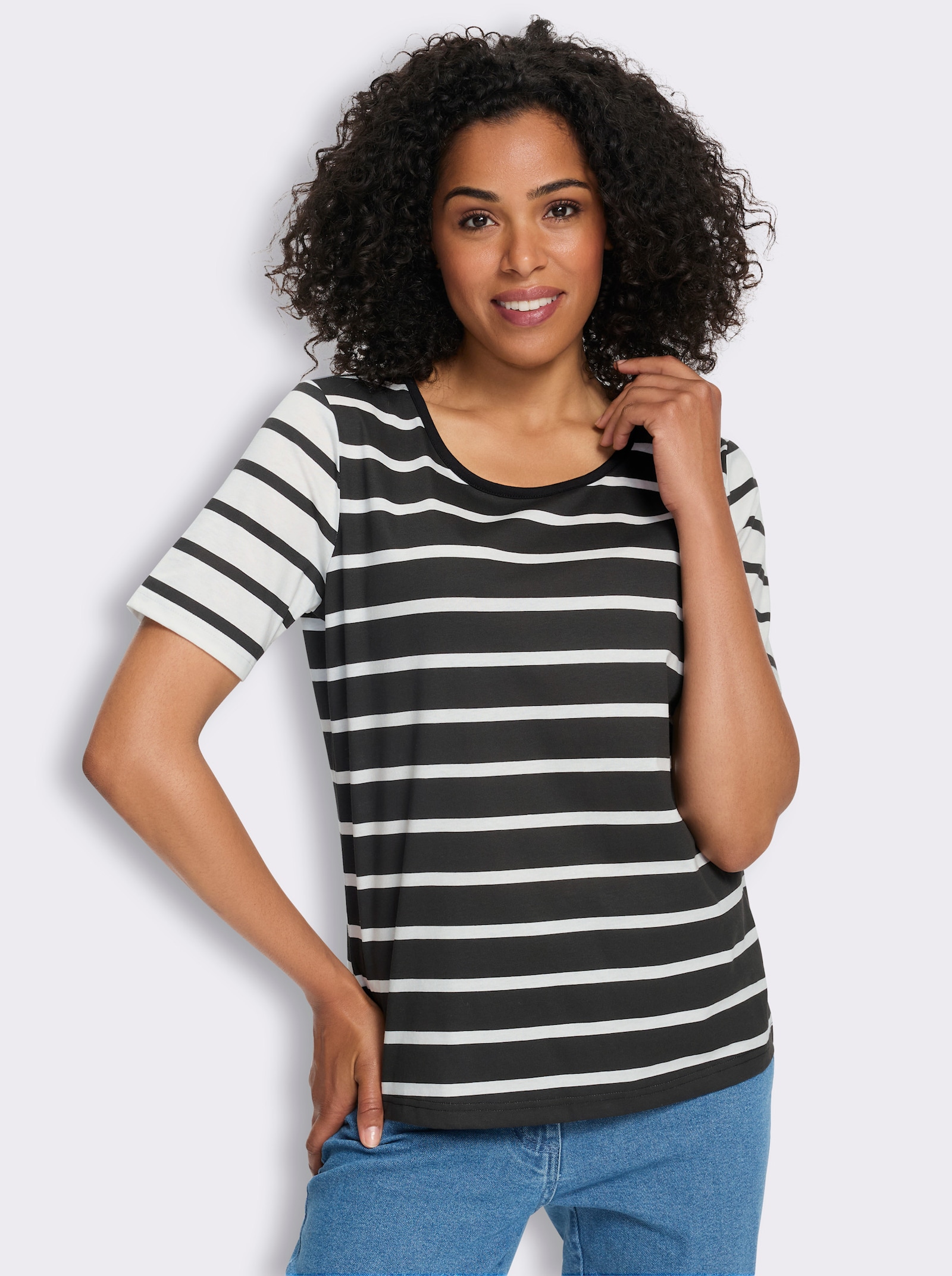 Shirt met korte mouwen en streepjespatroon - zwart/ecru gestreept