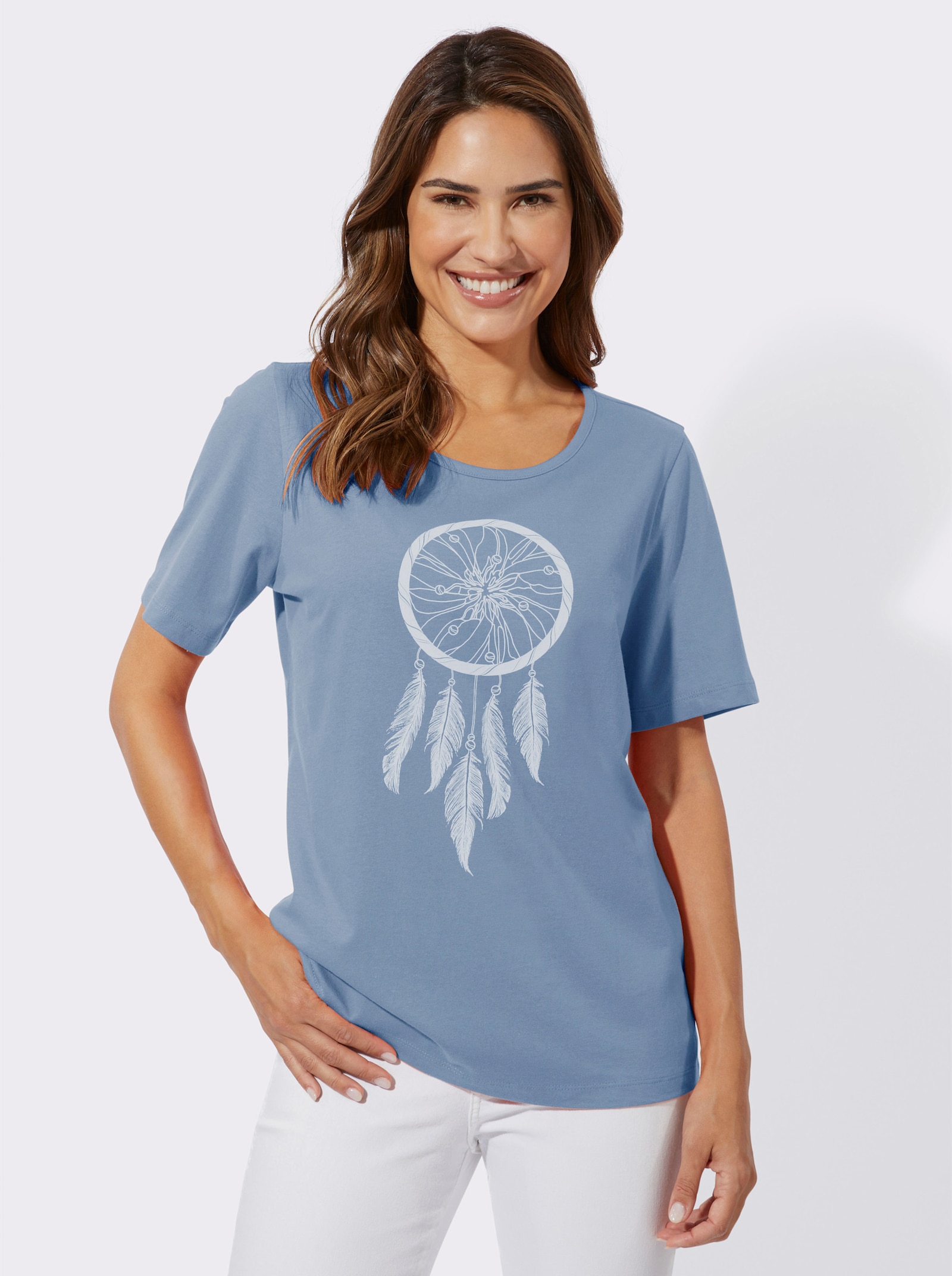 Shirt met korte mouwen en etnomotief - bleu/ecru