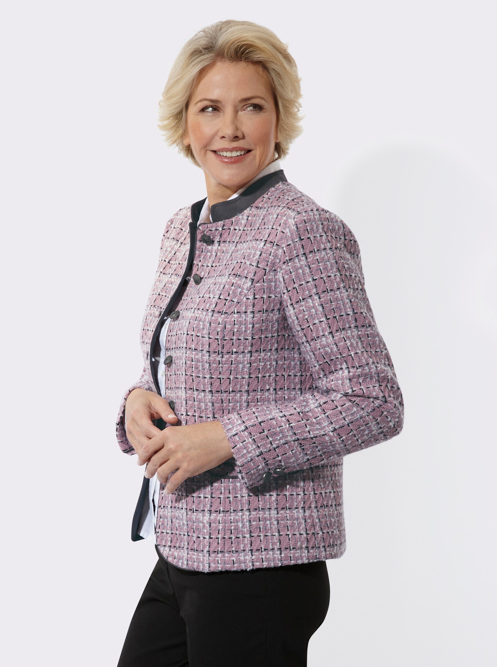 Bouclé-Blazer Stehkragen aus Veloursleder-Imitat - mauve-schwarz-gemustert