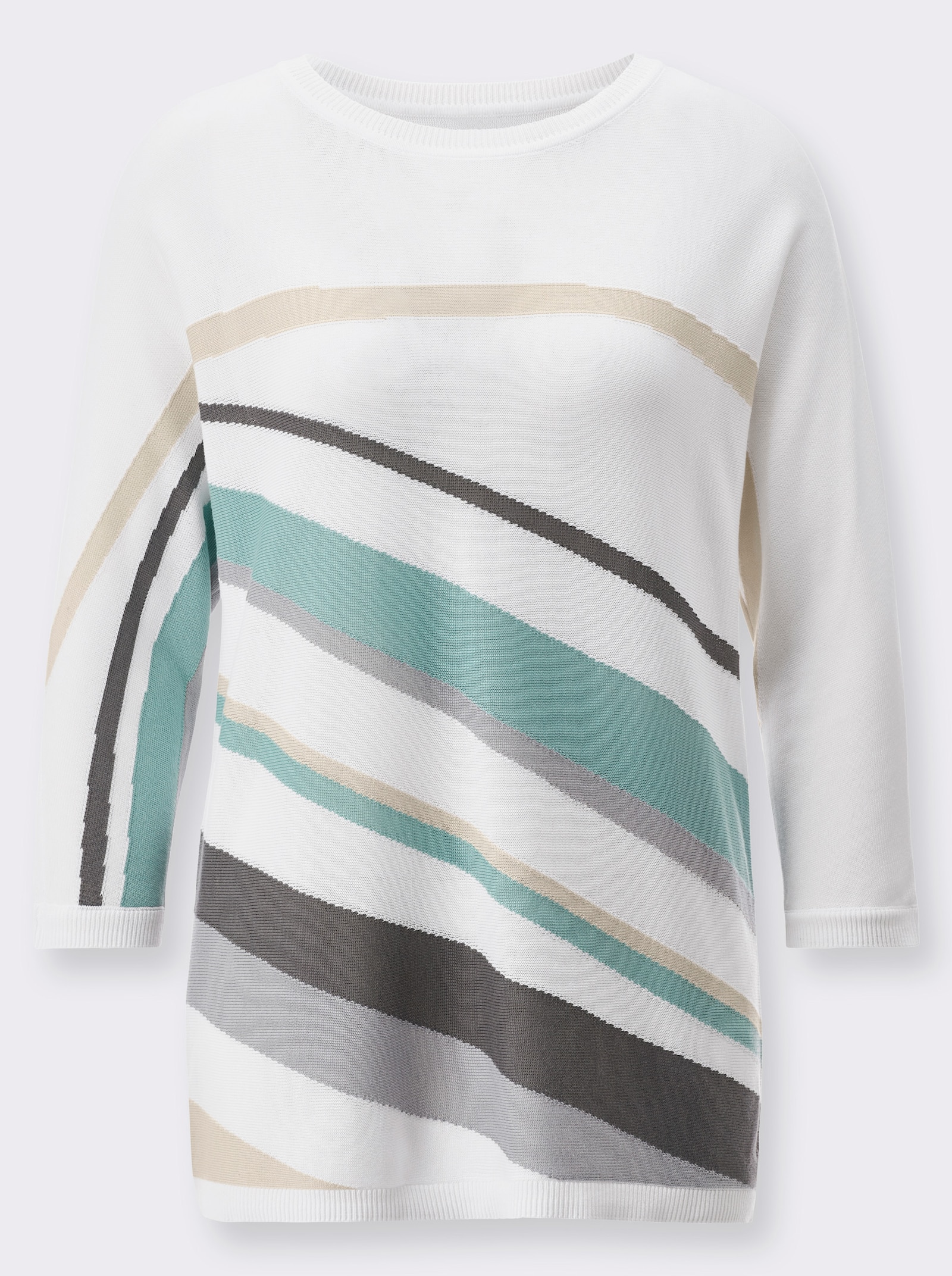 3/4 Arm-Pullover mit grafischem Intarsienmuster - elfenbein-salbei-bedruckt