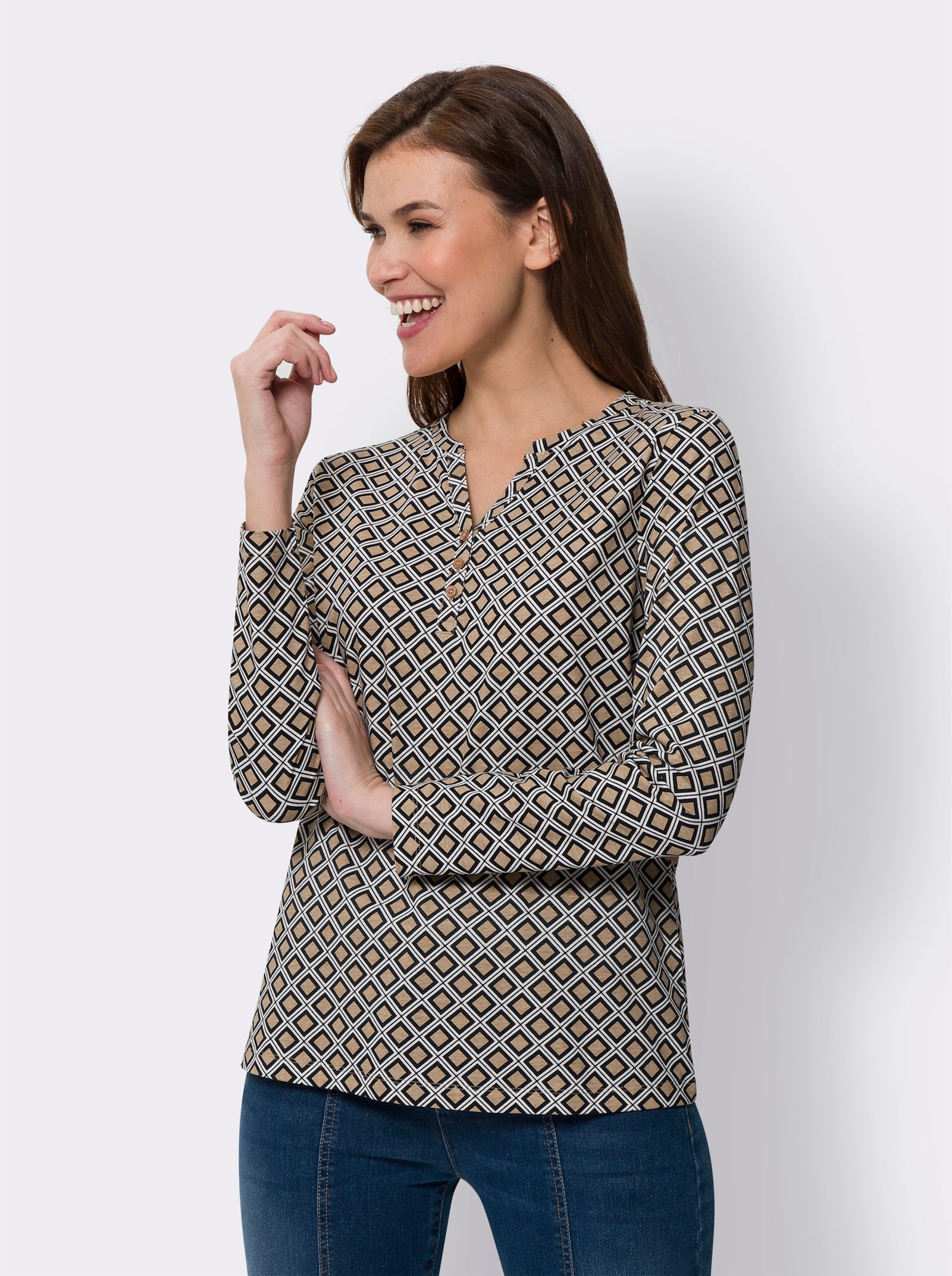 heine Shirt met lange mouwen en minimalistische print - zwart/beige geprint
