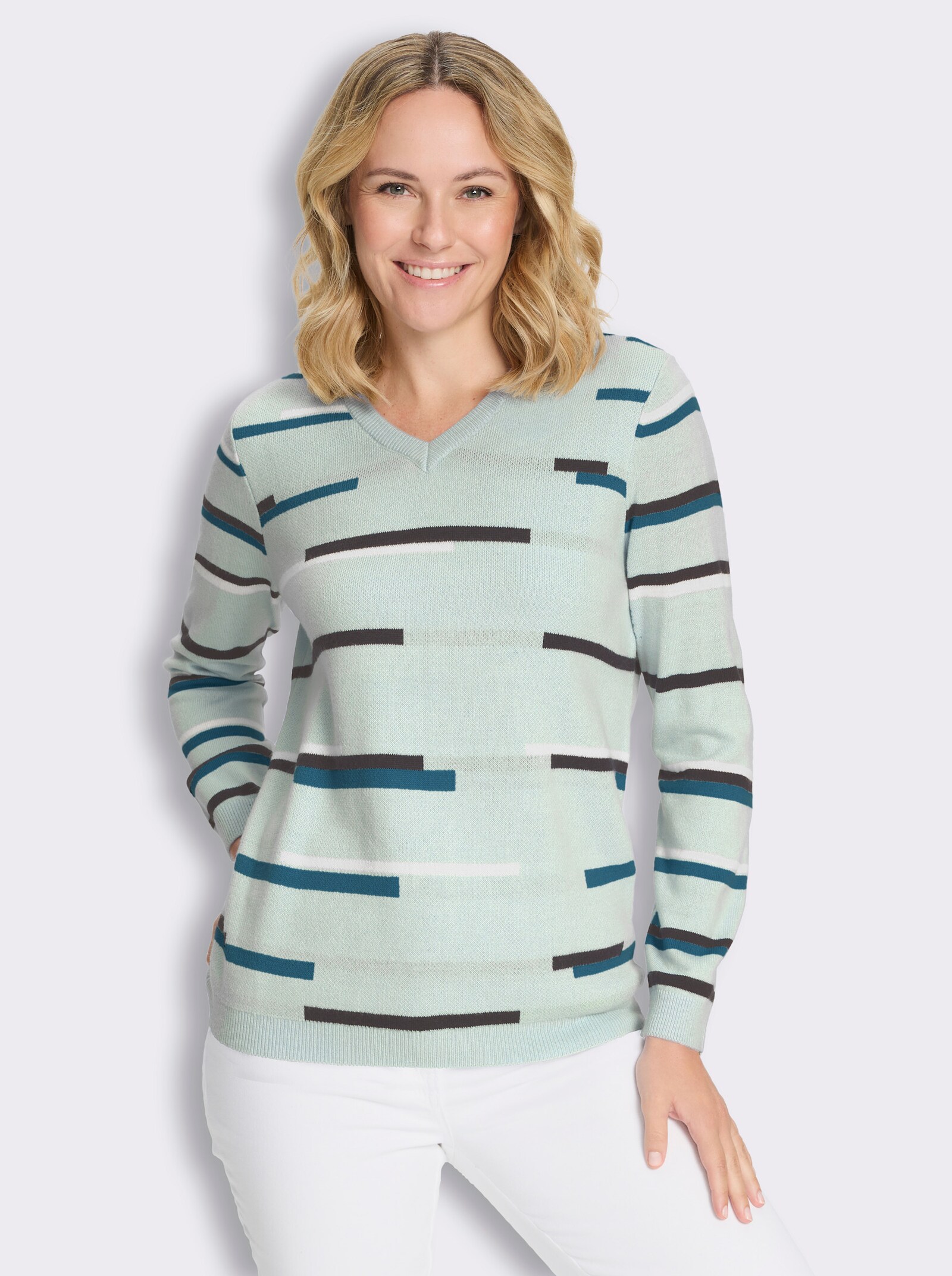 Langarm-Pullover in Jacquard-Streifenmuster - zartmint-ozean-gemustert