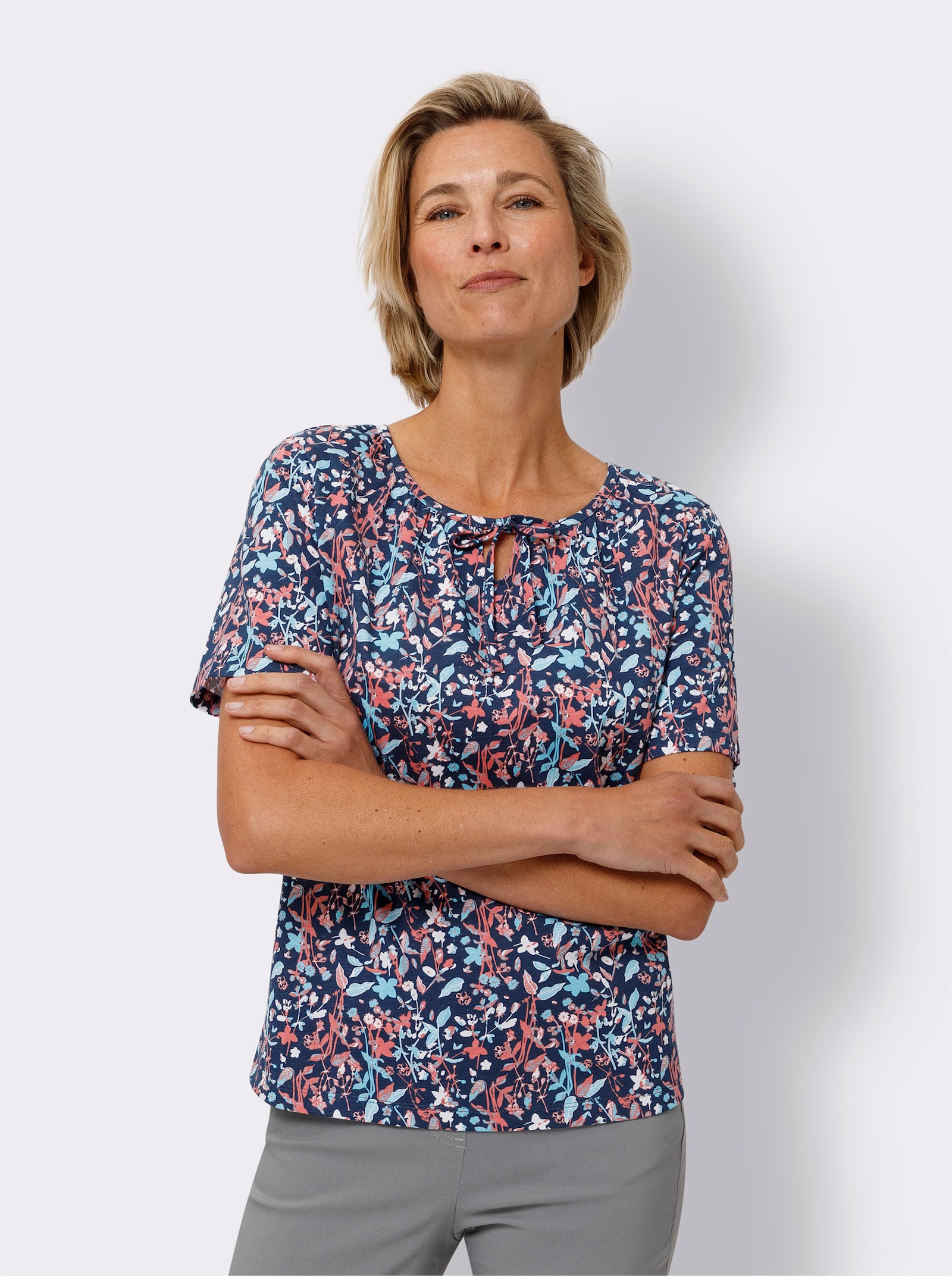 Kurzarmshirt im floralen Dessin - dunkelblau-flamingo-bedruckt