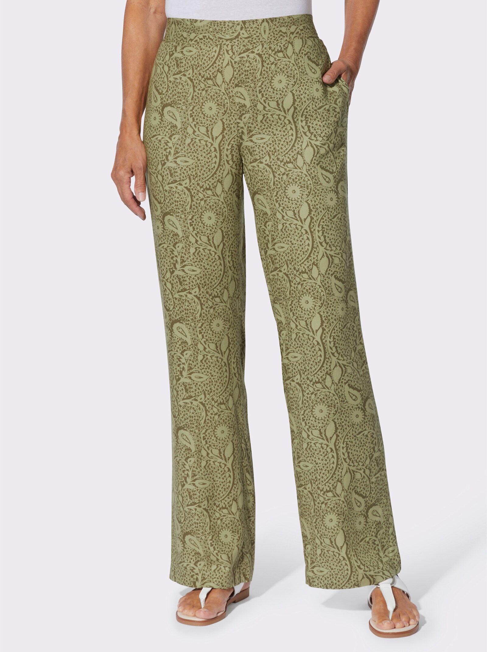 Druckhose in Schlupfform - schilf-khaki-bedruckt