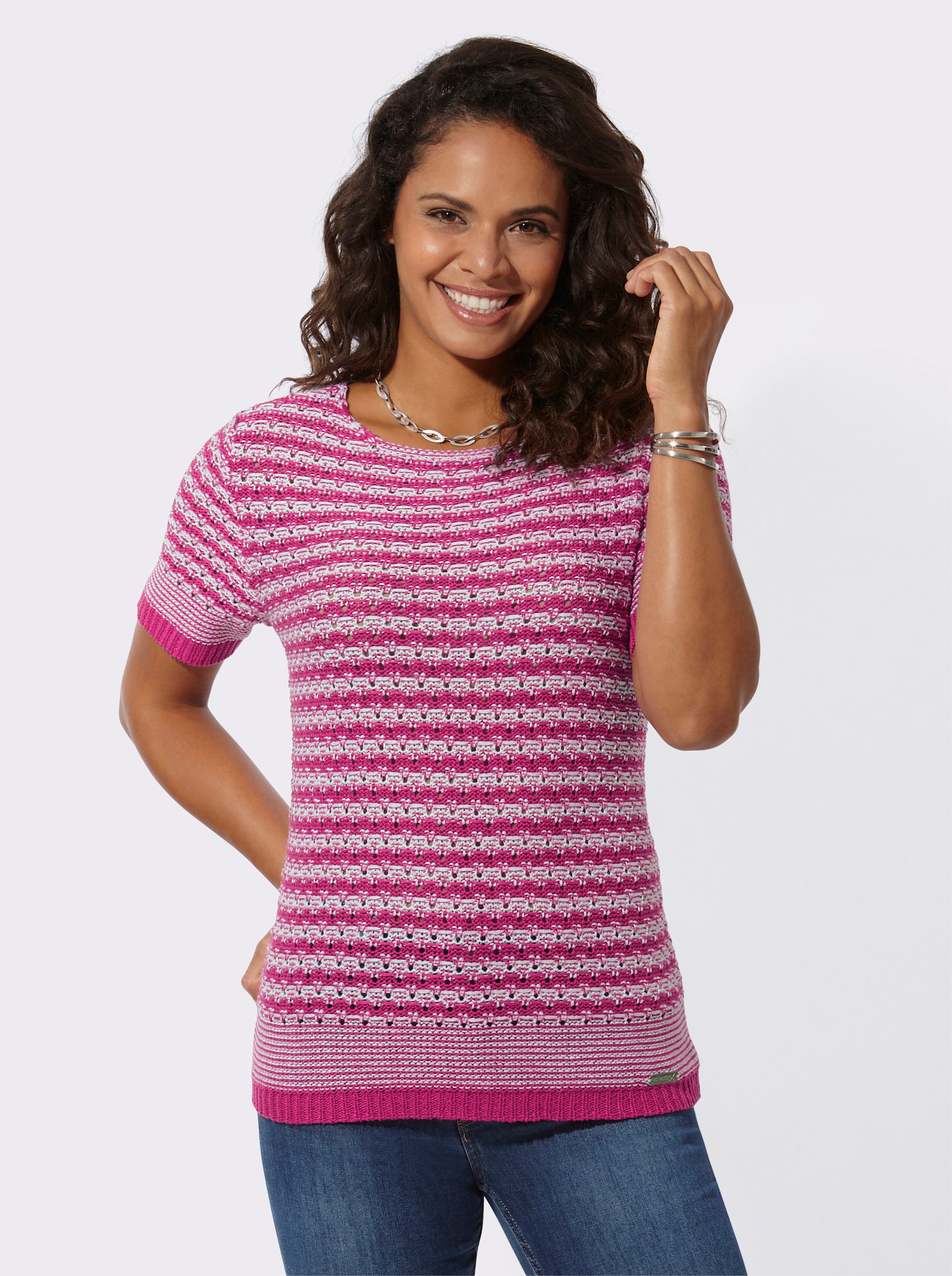 Kurzarmpullover aus Bändchengarn - fuchsia-weiß-gemustert