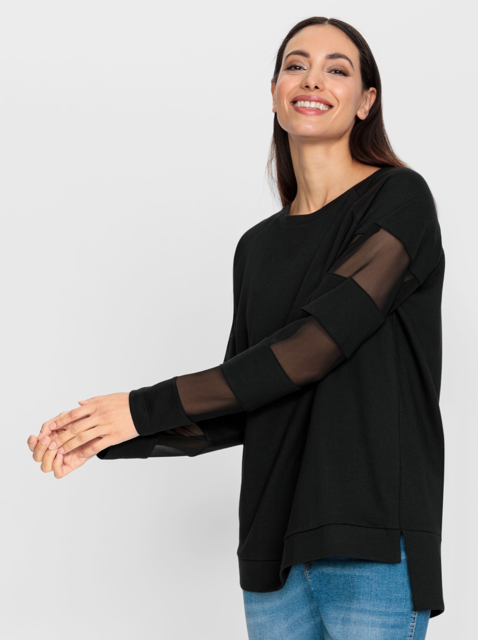 heine Sweatshirt mit transparenten Mesh-Einsätzen - schwarz