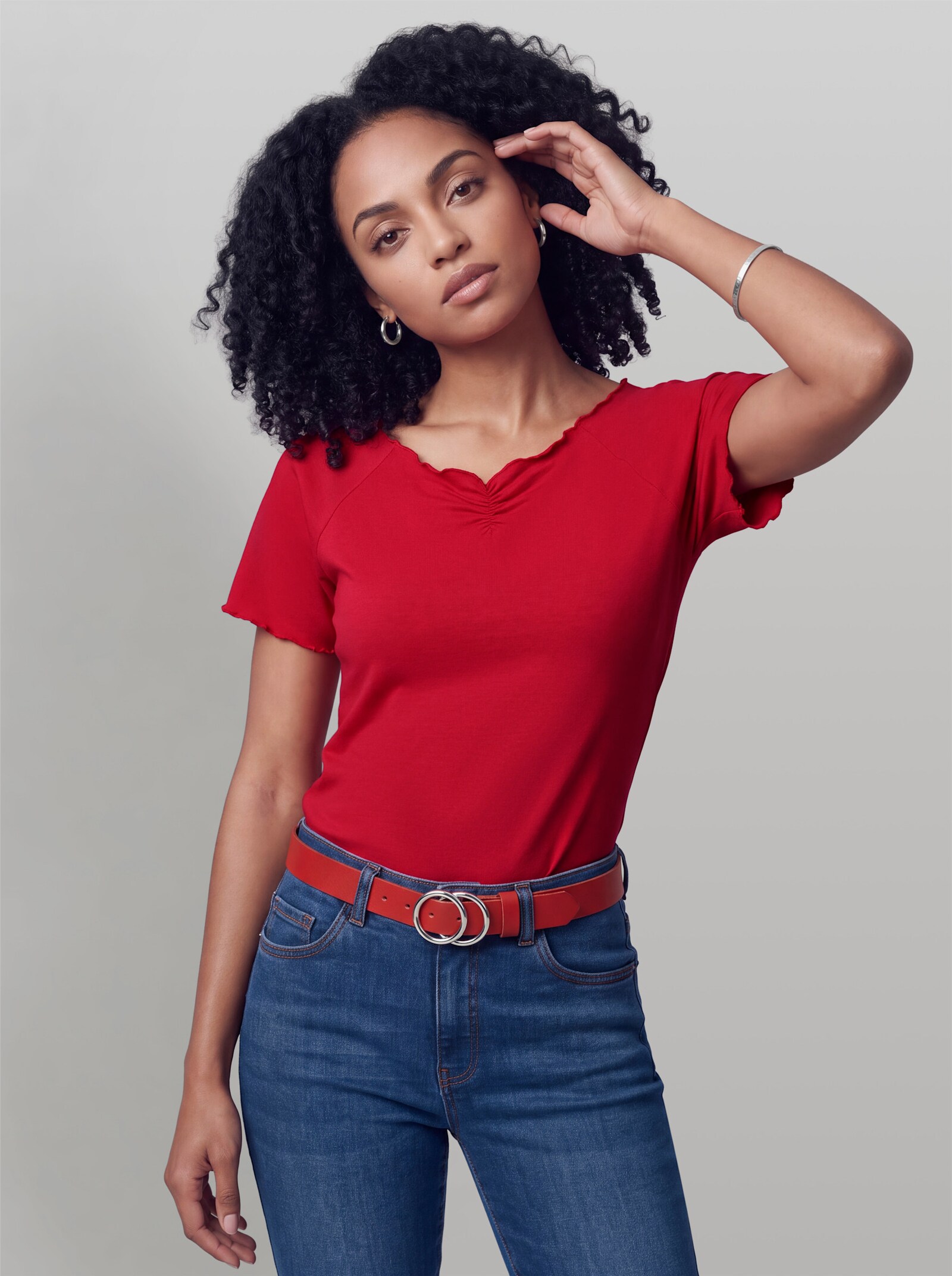 heine Kurzarmshirt mit Wellenkanten - erdbeere