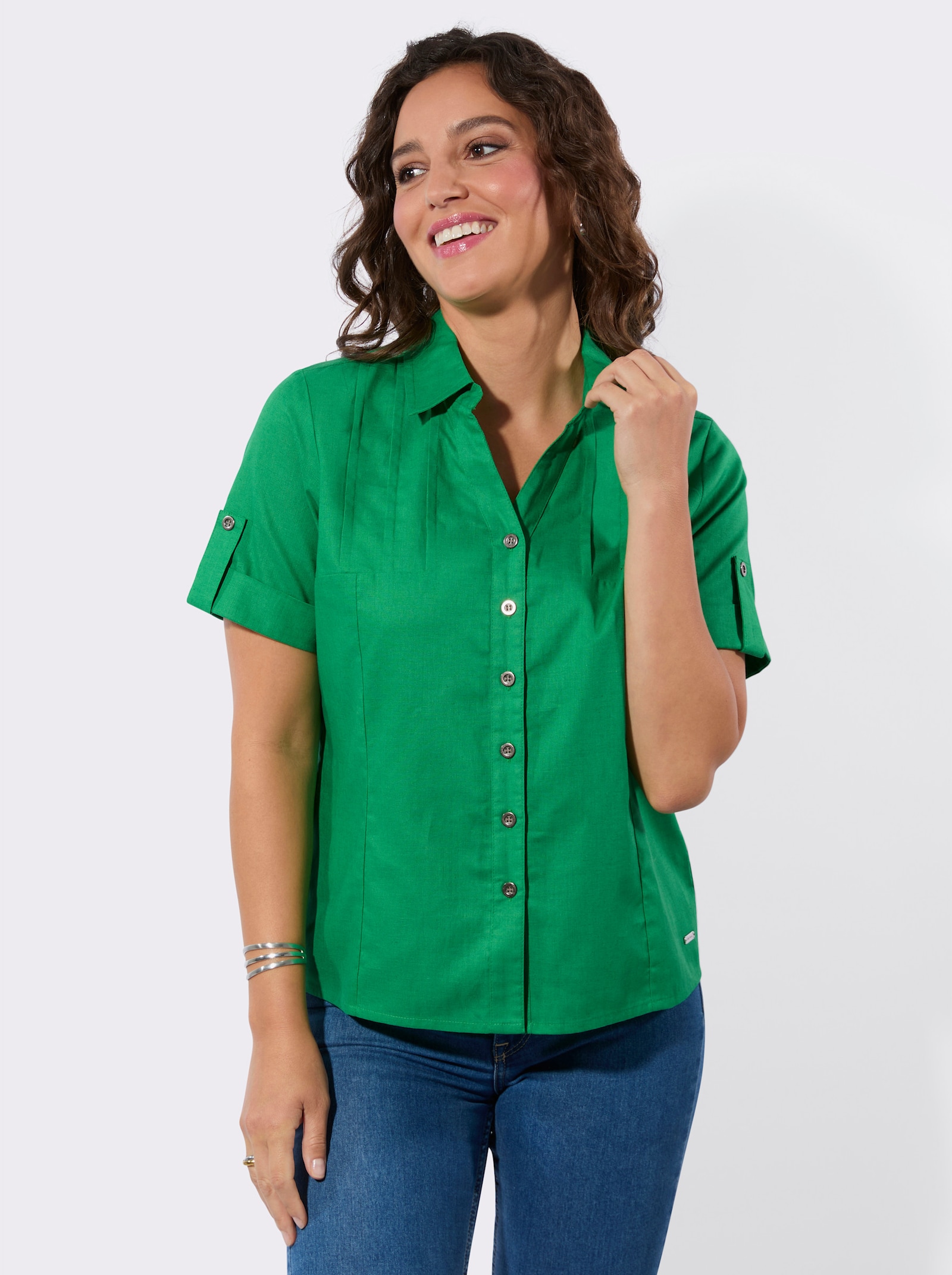 Kurzarm-Bluse im Baumwoll-Leinen-Mix - grasgrün