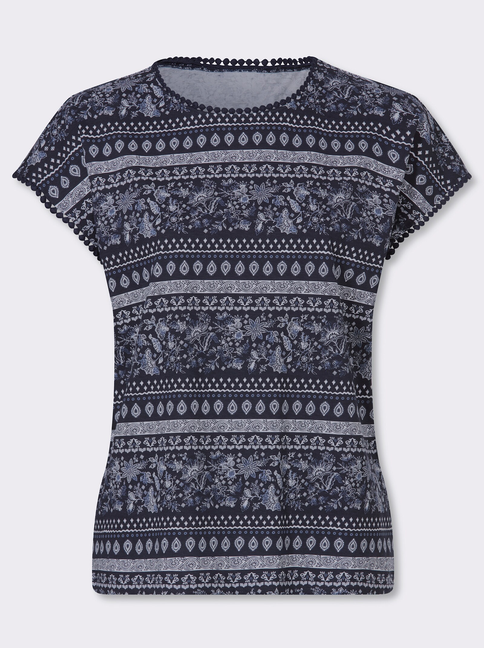 Kurzarmshirt mit überschnittenen Schultern - marine-taubenblau-bedruckt