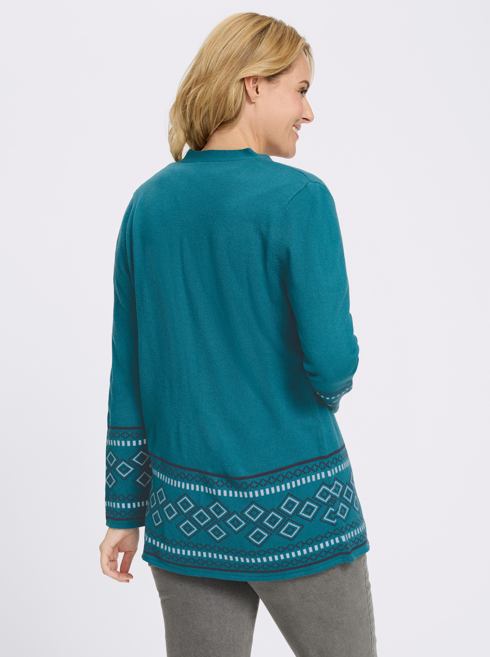 Longstrickjacke mit Bordüren-Muster - petrol-marine