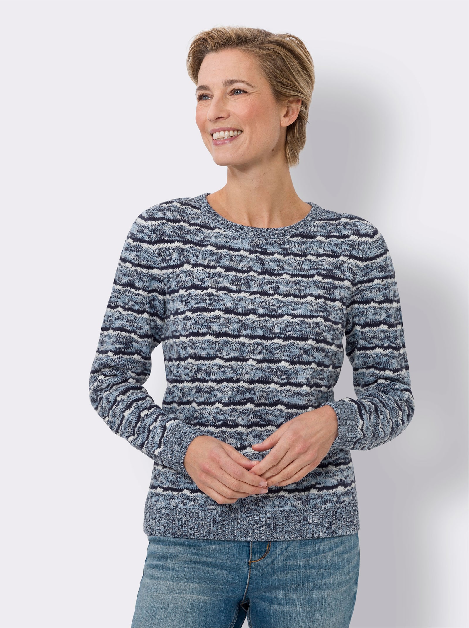 Langarm-Pullover aus Melange-Garn - marine-ecru-gemustert