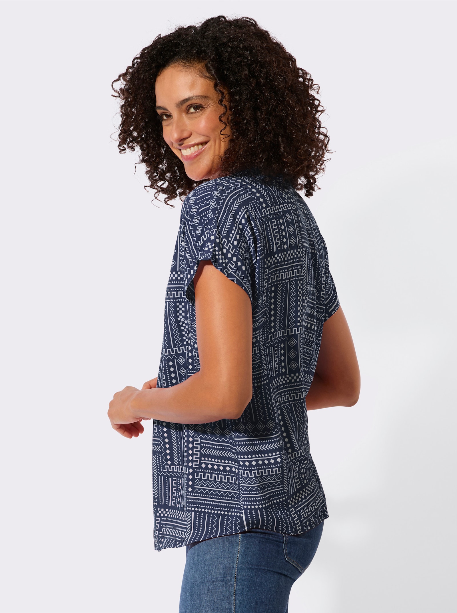 Druckbluse aus reiner Viskose - marine-ecru-gemustert