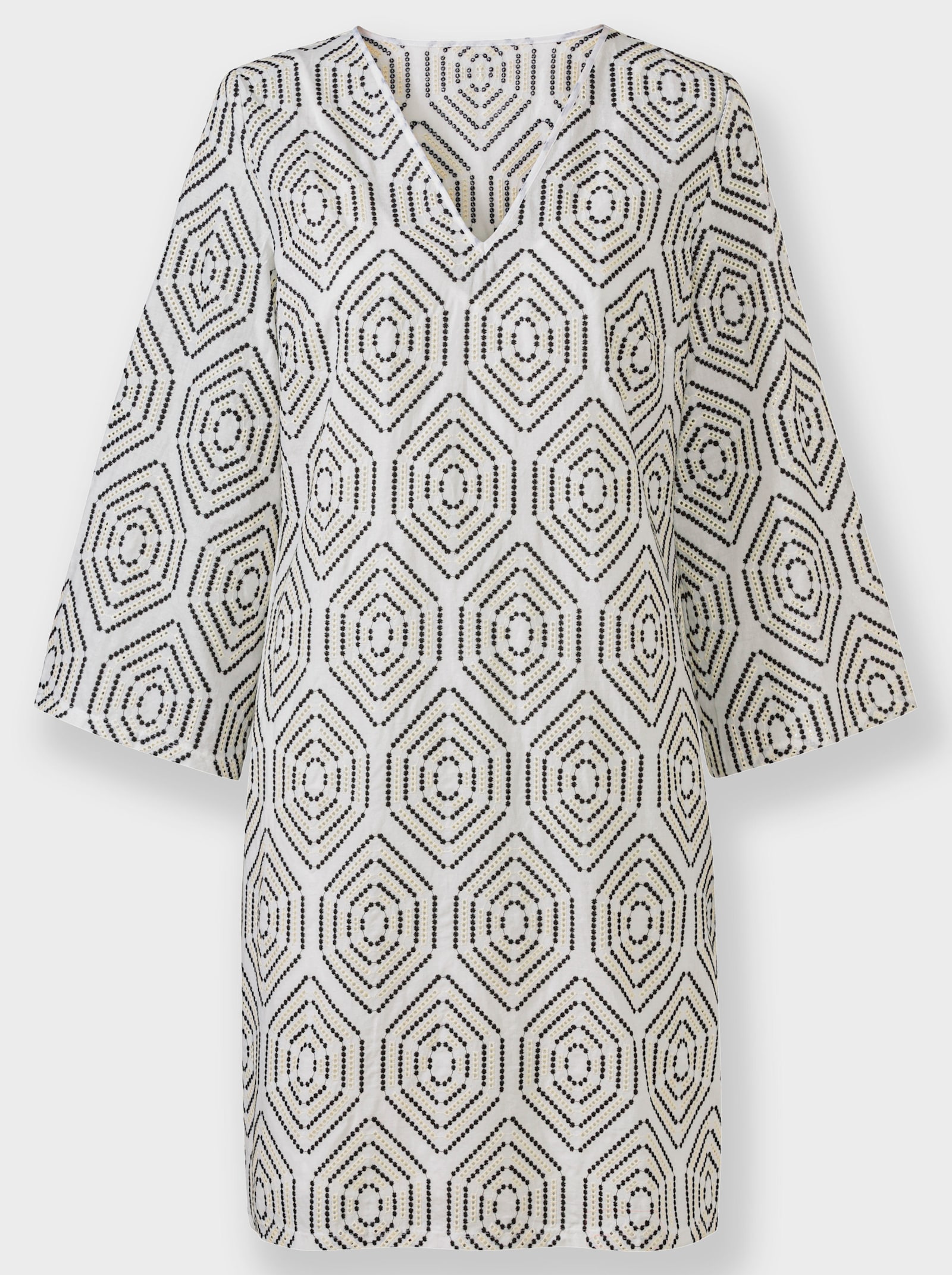 heine Baumwollkleid mit Lochstickerei - ecru-schwarz-gemustert