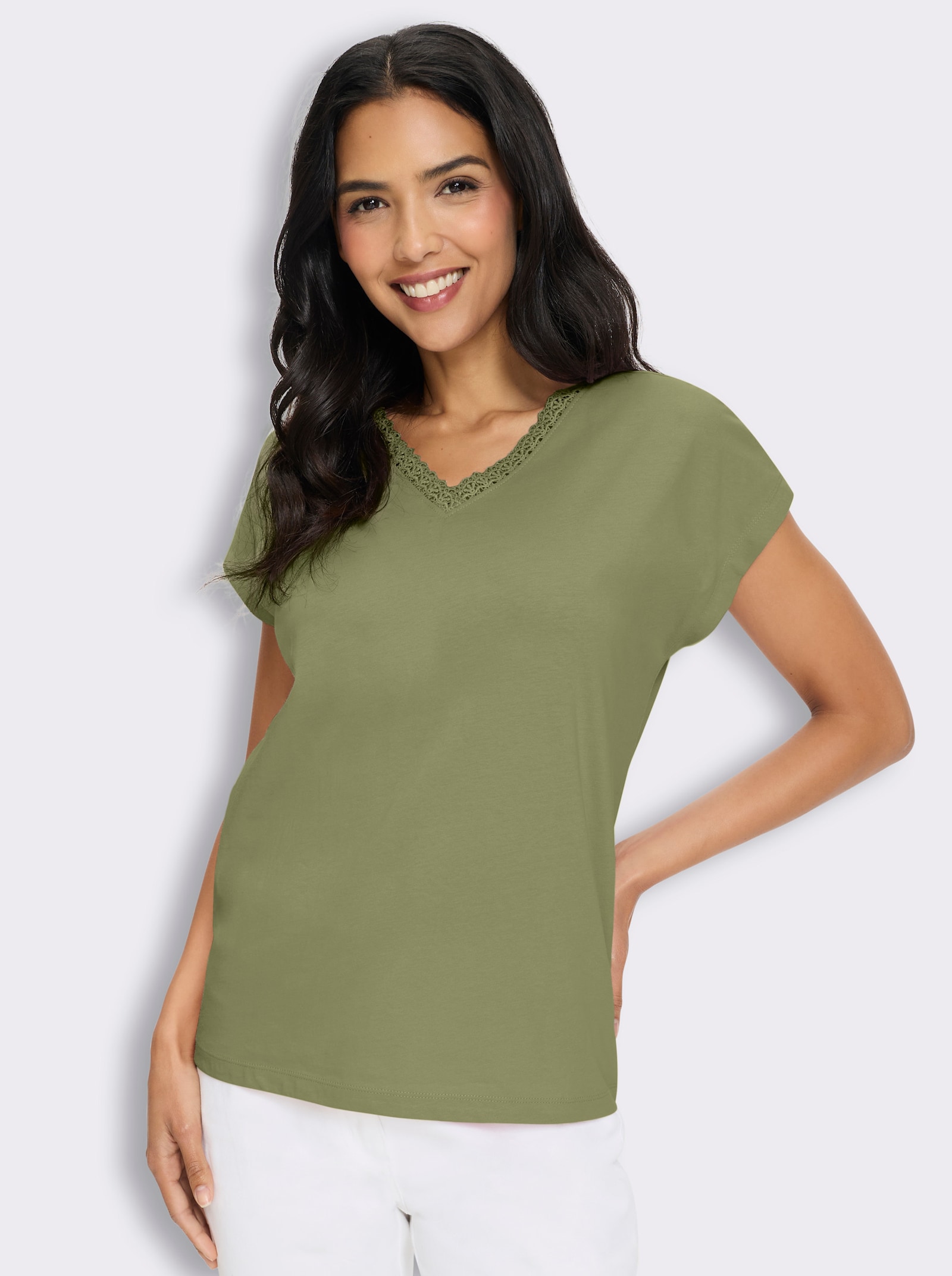Kurzarmshirt mit Spitze am V-Ausschnitt - schilf