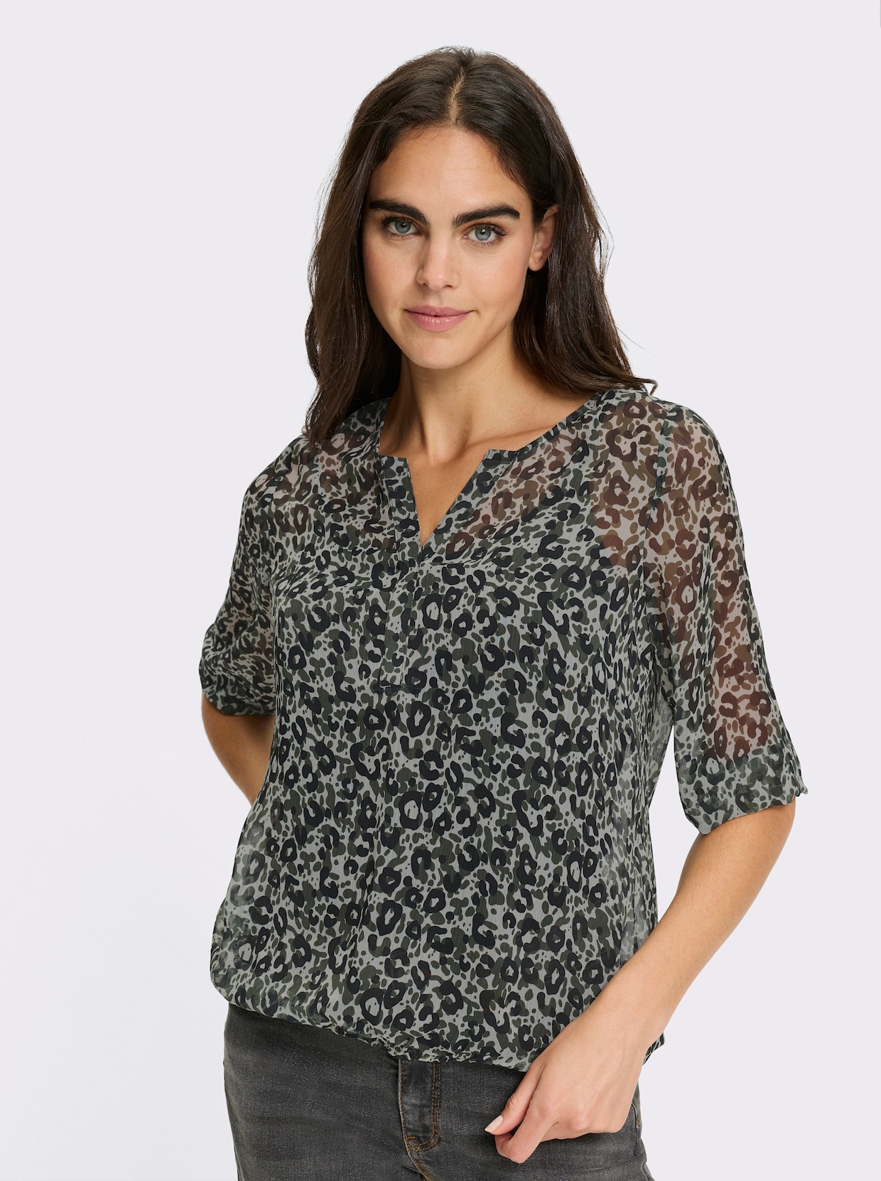 heine Druckbluse - khaki-schwarz-bedruckt