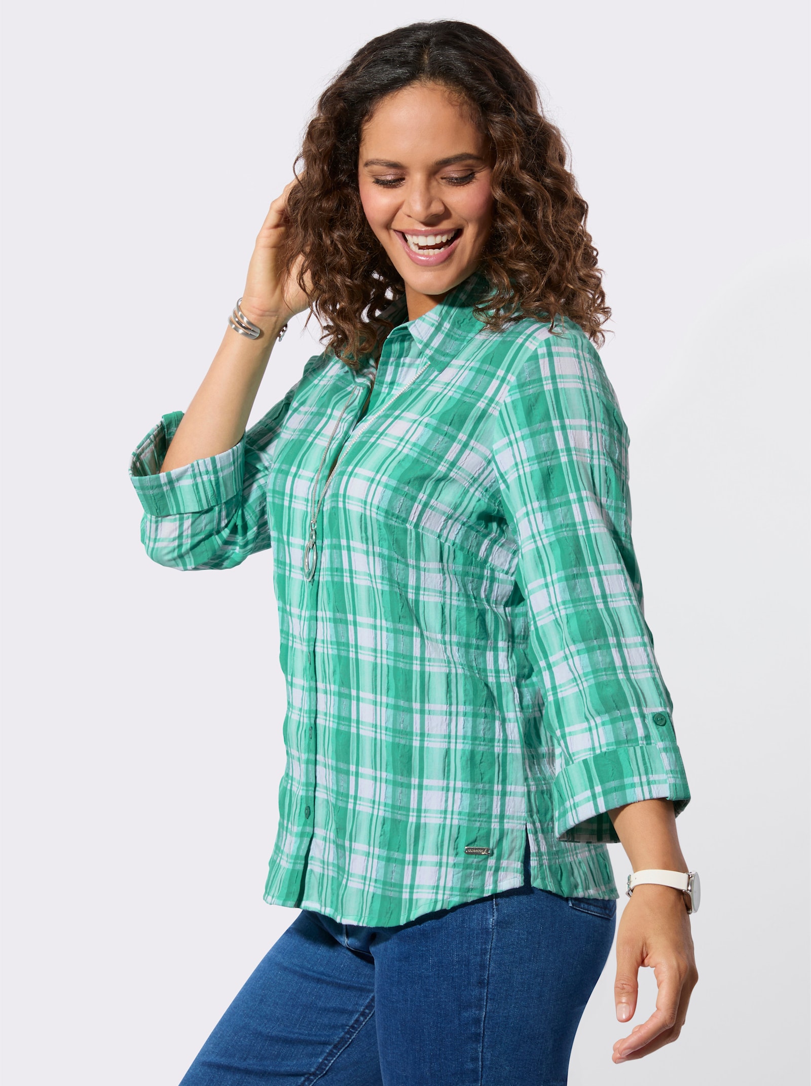 Geruite blouse van seersucker - smaragd/wit geruit