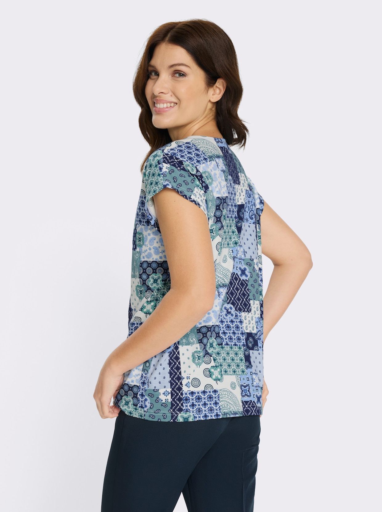 Print-Shirt mit überschnittenen Schultern - ecru-jade-bedruckt