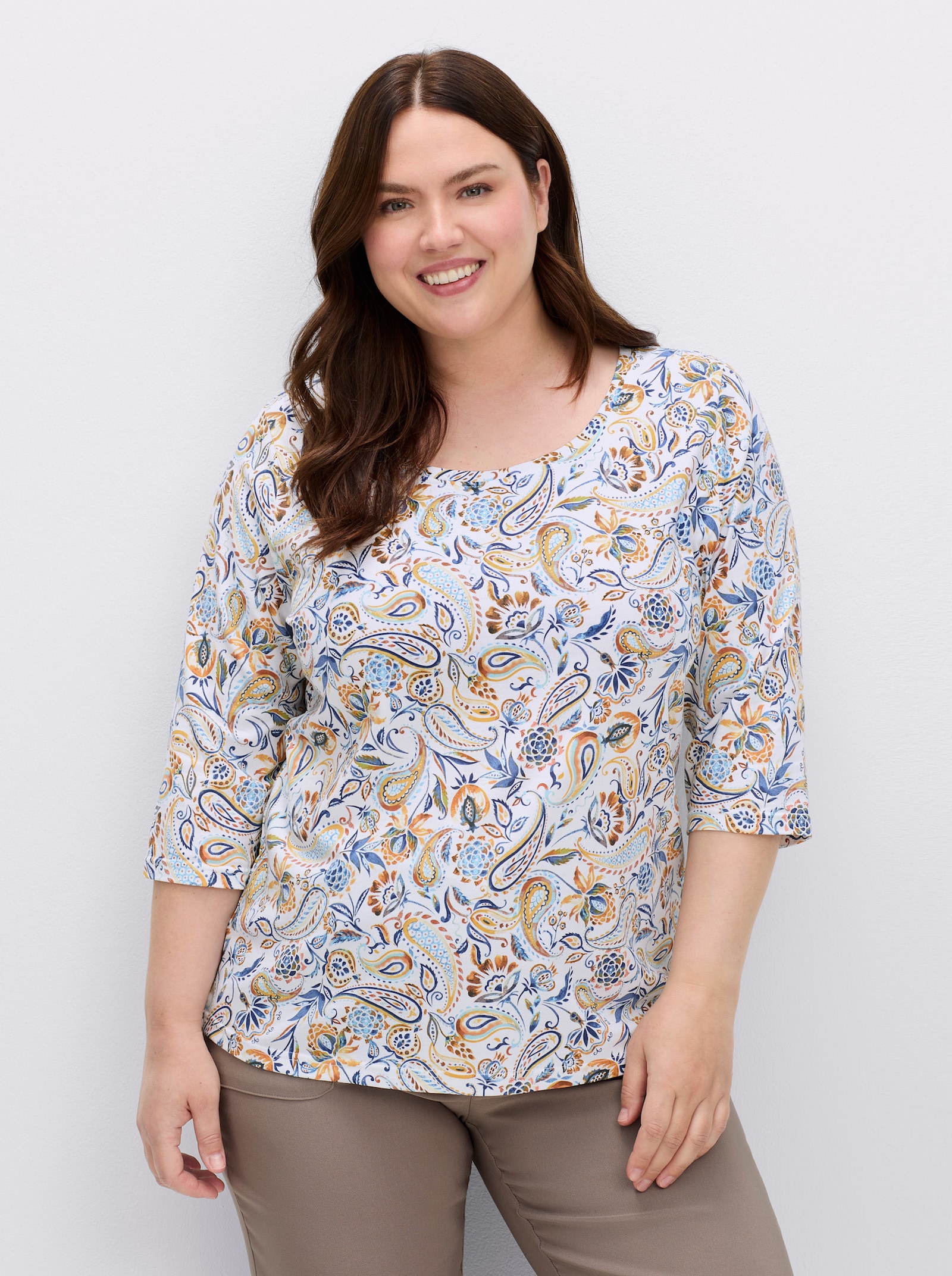 Print-Shirt mit 3/4-Ärmeln - ocker-jeansblau-bedruckt