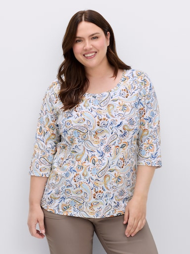 Print-Shirt mit 3/4-Ärmeln - ocker-jeansblau-bedruckt