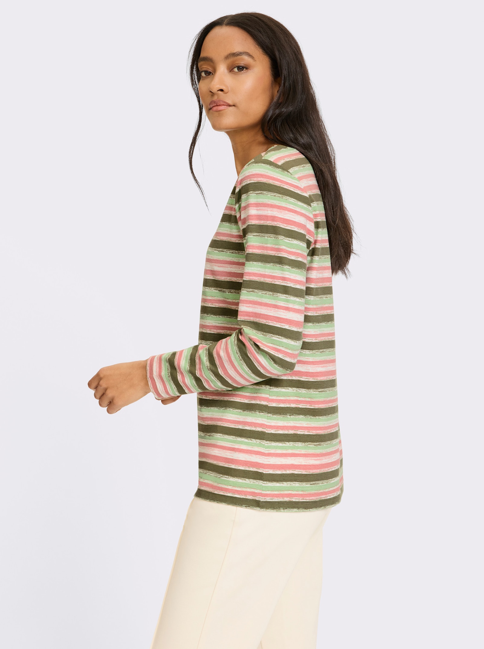 heine Shirt met lange mouwen in streepjeslook - kaki/rozenhout gestreept