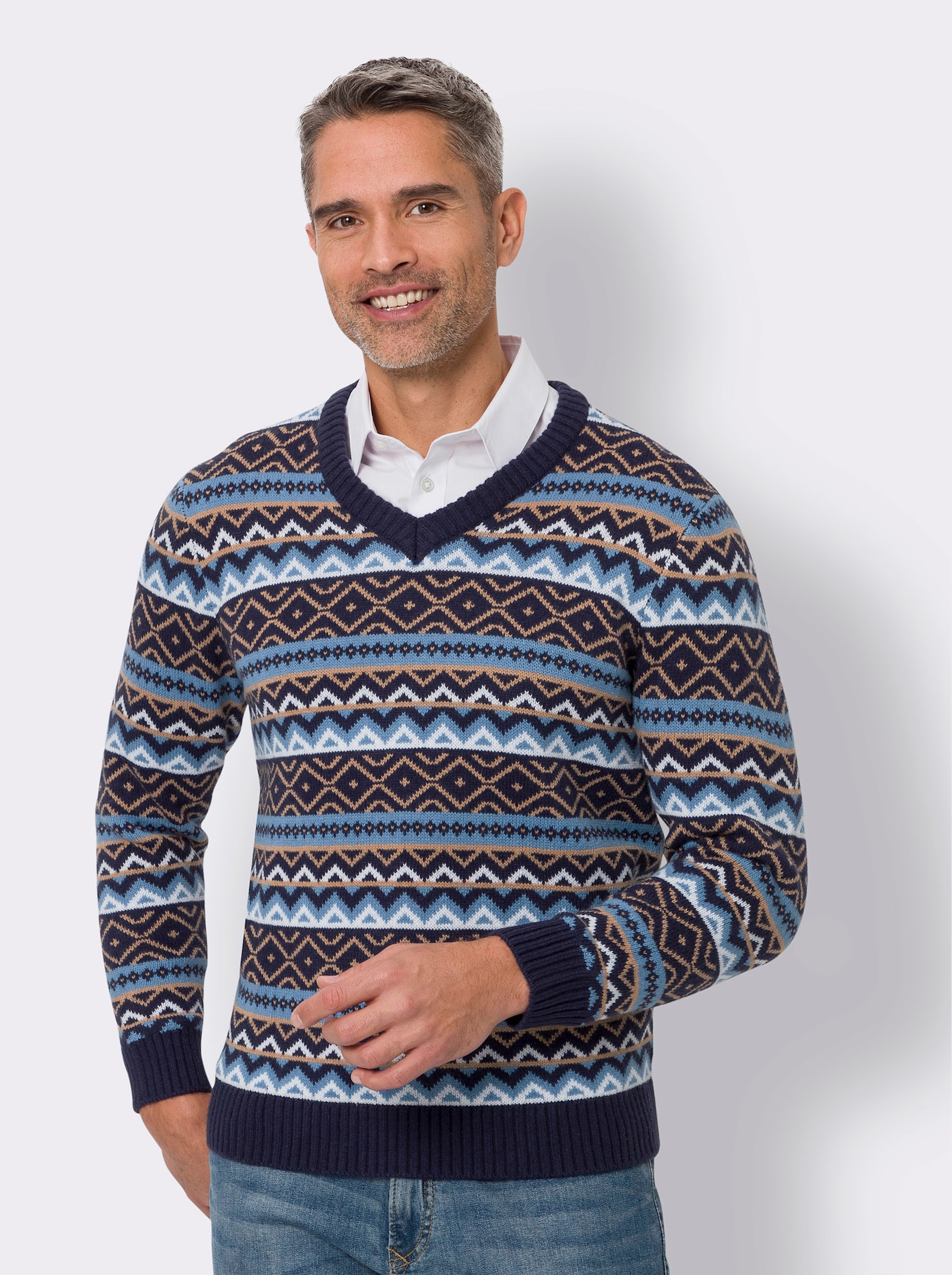 Pullover met V-hals en grafisch breipatroon - marine gedessineerd