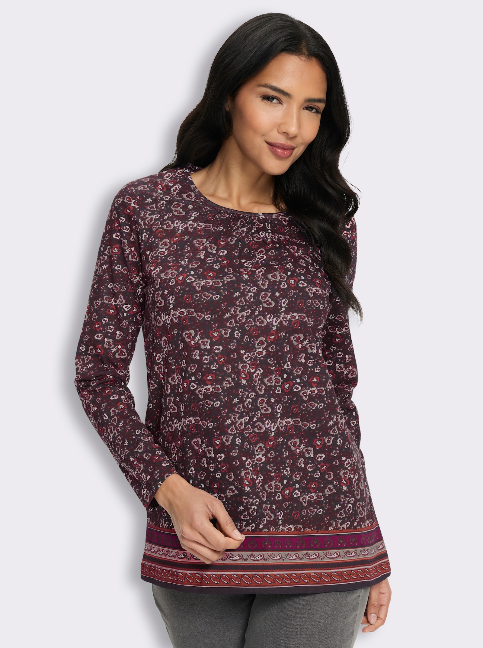 Longshirt mit Bordüren-Druck am Saum - schwarz-burgund-bedruckt