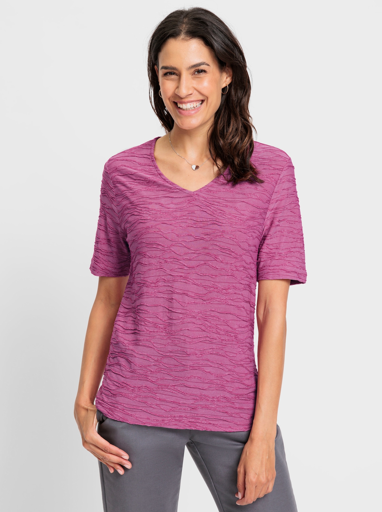 Shirt met V-hals - magenta gemêleerd