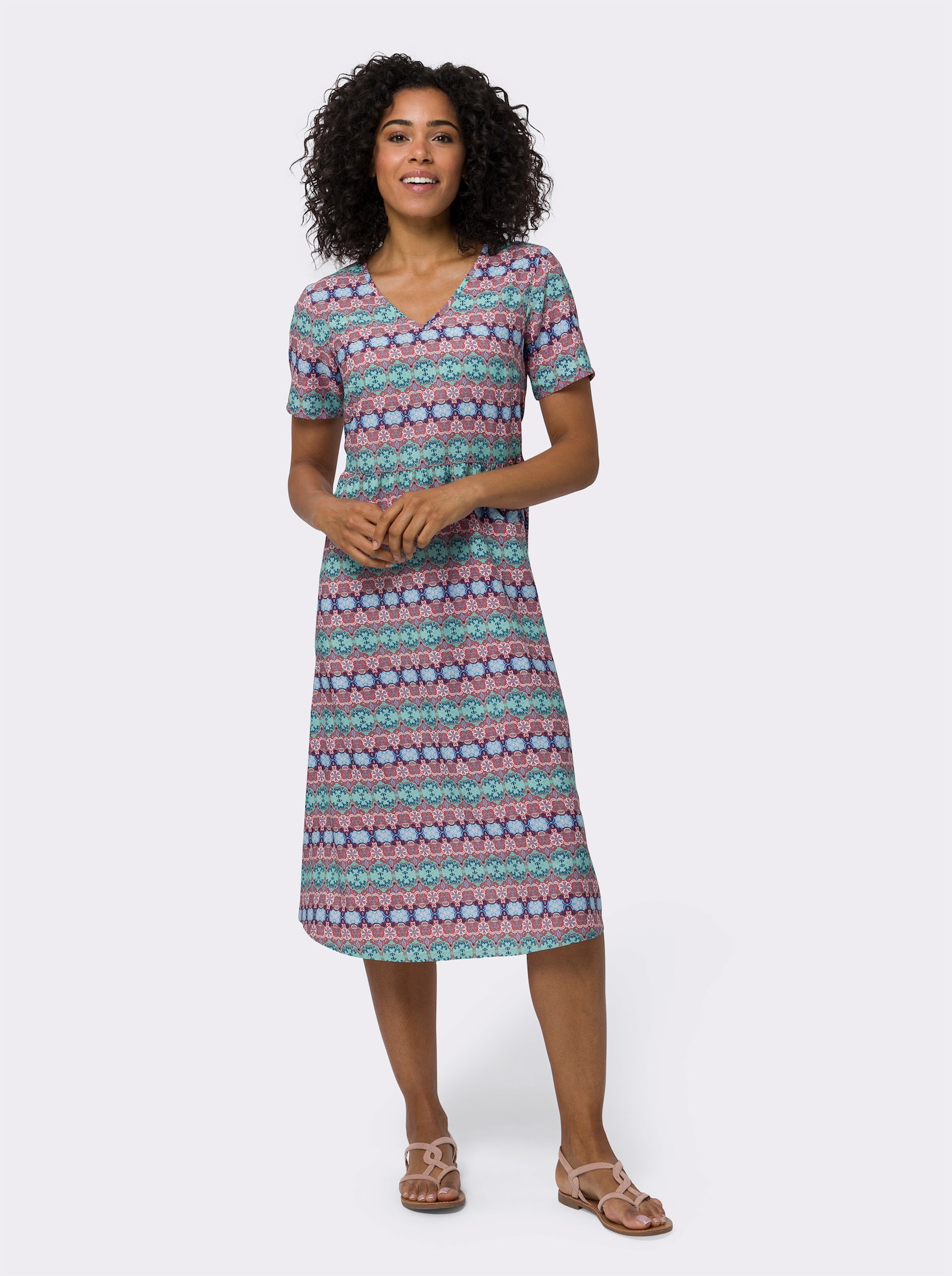 A-Linien-Kleid mit Raffungen - aqua-grapefruit-bedruckt