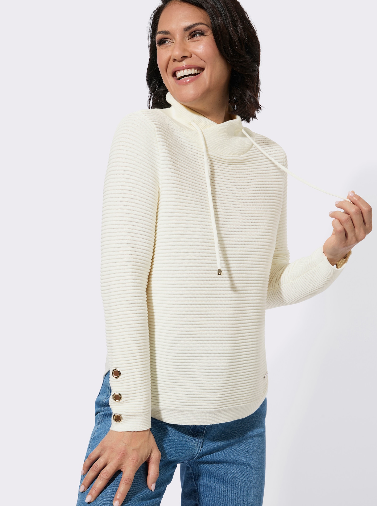 Langarm-Pullover mit Ösenverzierung - ecru