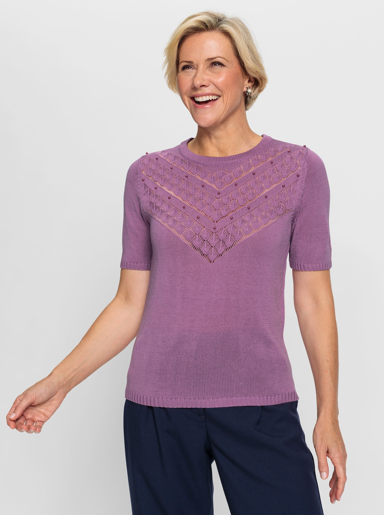 Ajourpullover mit Zierperlen - orchidee