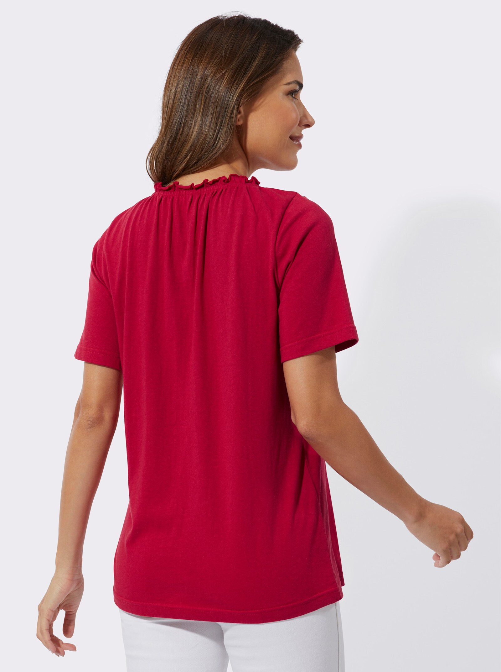 Folkloreshirt met rimpeling - rood/marine