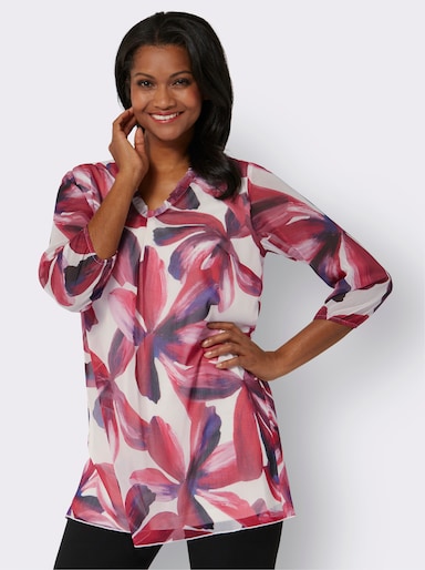 Druckbluse mit Volant-Verzierung - champagner-burgund-bedruckt