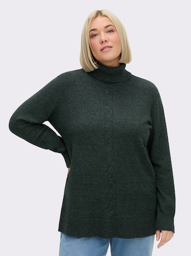 sheego Rollkragenpullover mit Zopfmuster vorn - moos-meliert
