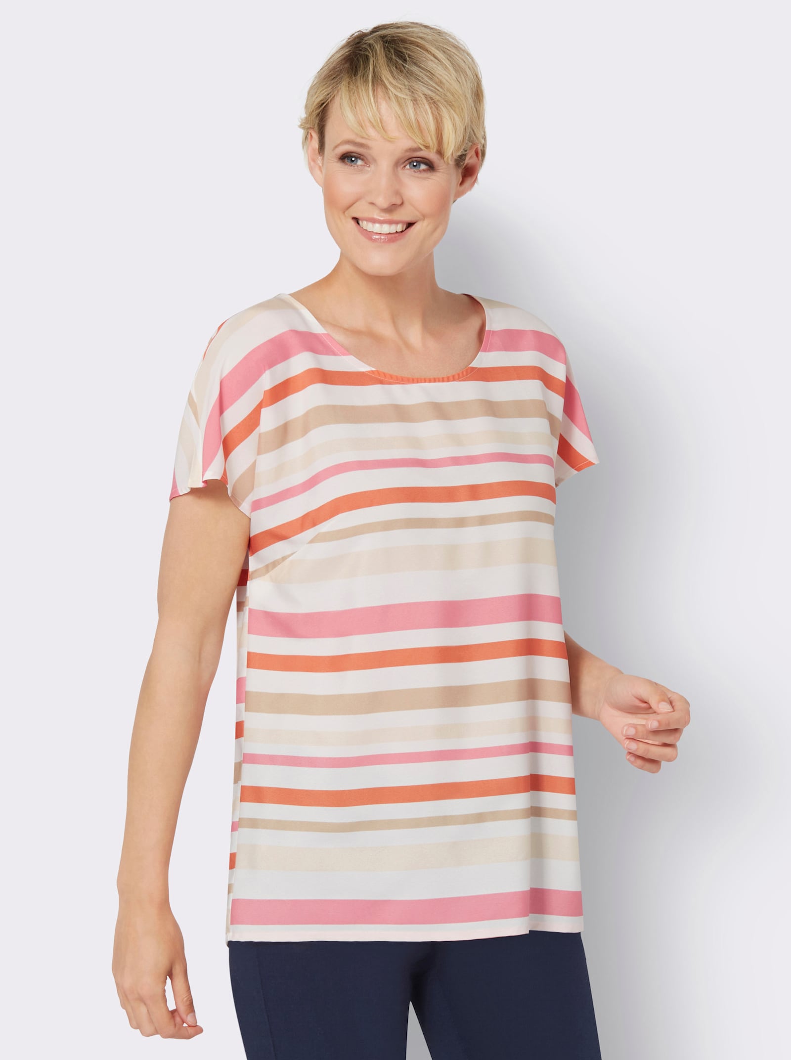 Kurzarmbluse im Ringel-Dessin - ecru-papaya-gestreift