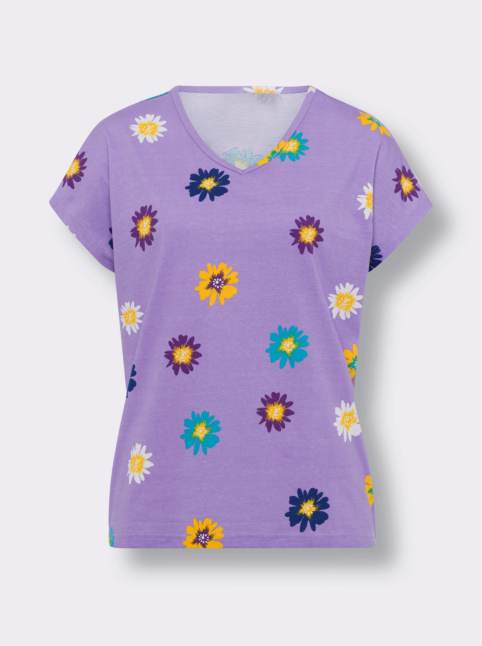 Kurzarmshirt aus Baumwolle, geblümt - lavendel-weiß-bedruckt