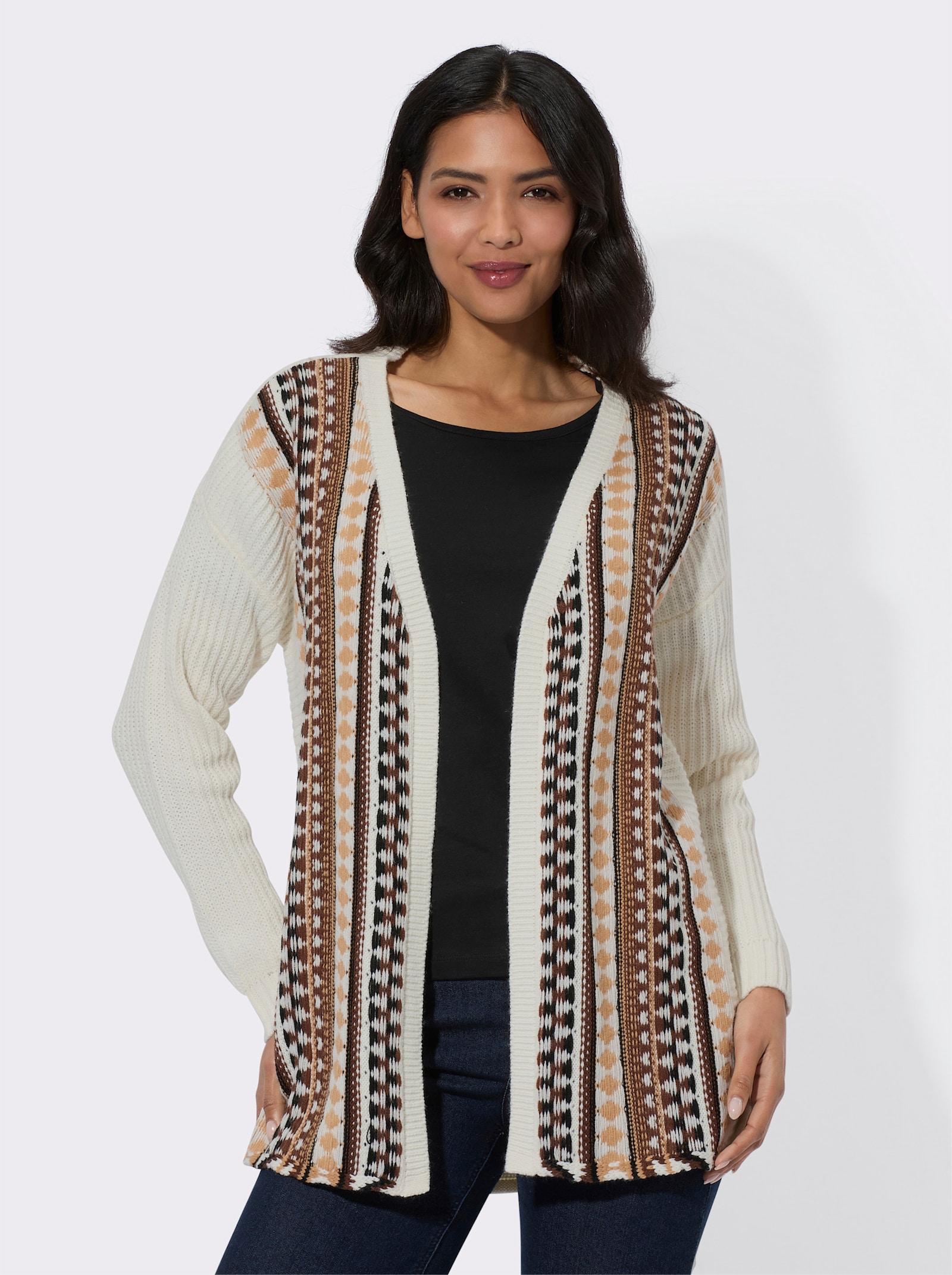 Strickjacke oversized geschnitten - ecru-camel-gemustert