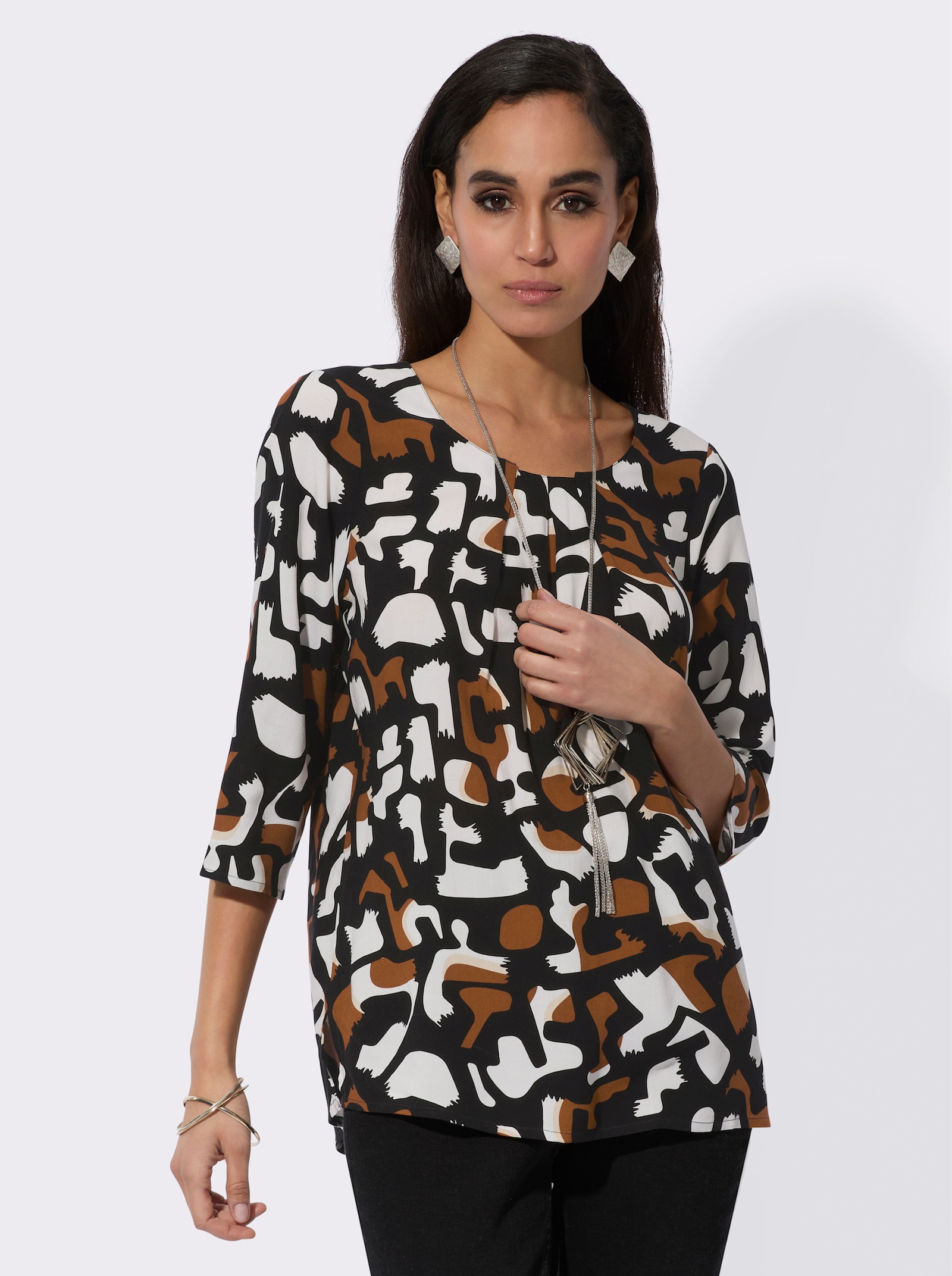 Druckbluse mit Seitenschlitzen - schwarz-cognac-bedruckt