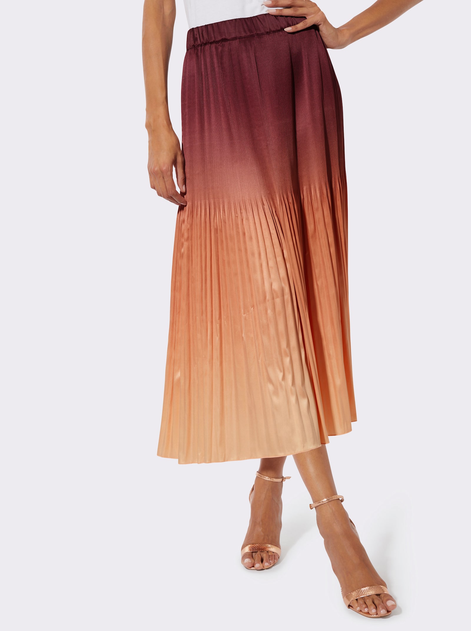 Plisseerock in Matt-Satin - burgund-apricot-bedruckt