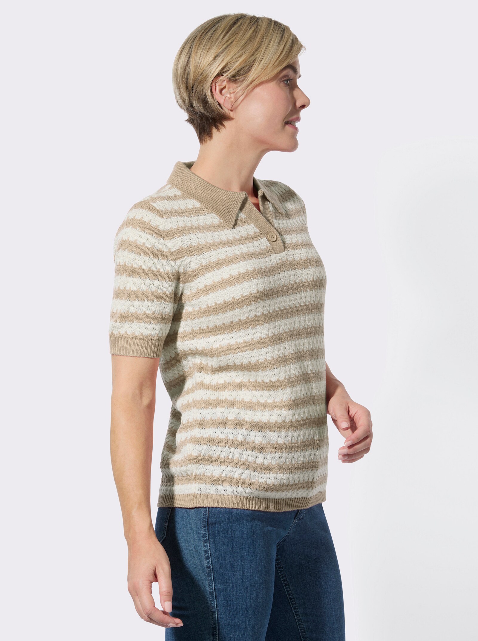 Polopullover mit Ajourmuster - sand-ecru-geringelt