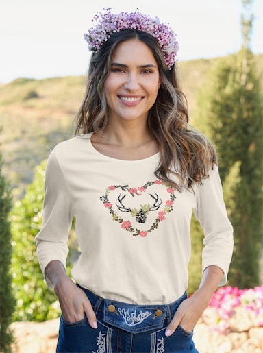 3/4-Arm-Shirt mit platziertem Druck - ecru-flamingo