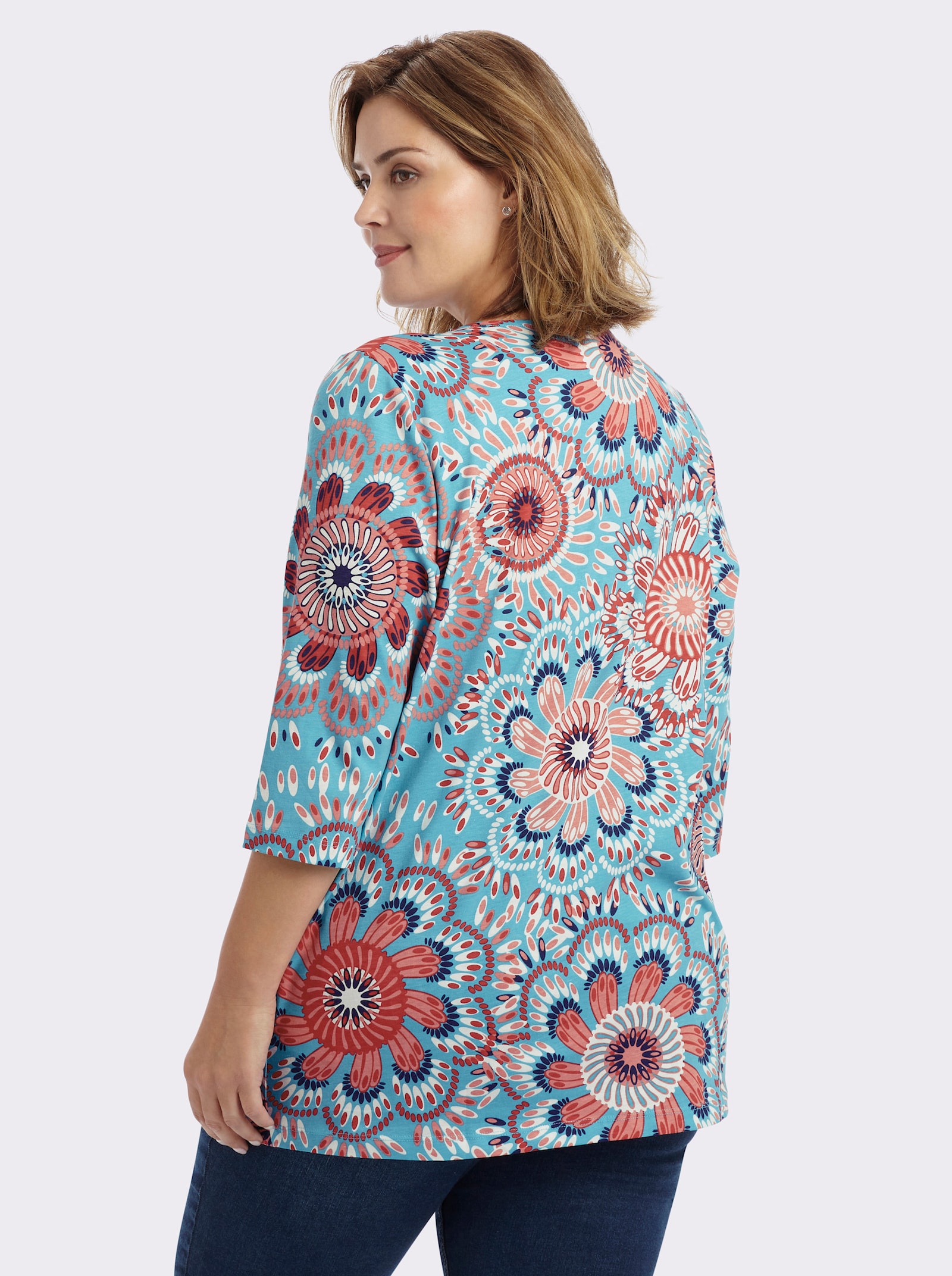 Longshirt in leichter A-Linie - türkis-flamingo-bedruckt