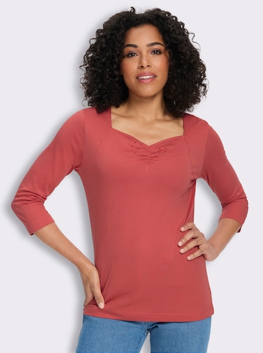 3/4-Arm-Shirt mit Herz-Ausschnitt, Baumwolle - grapefruit