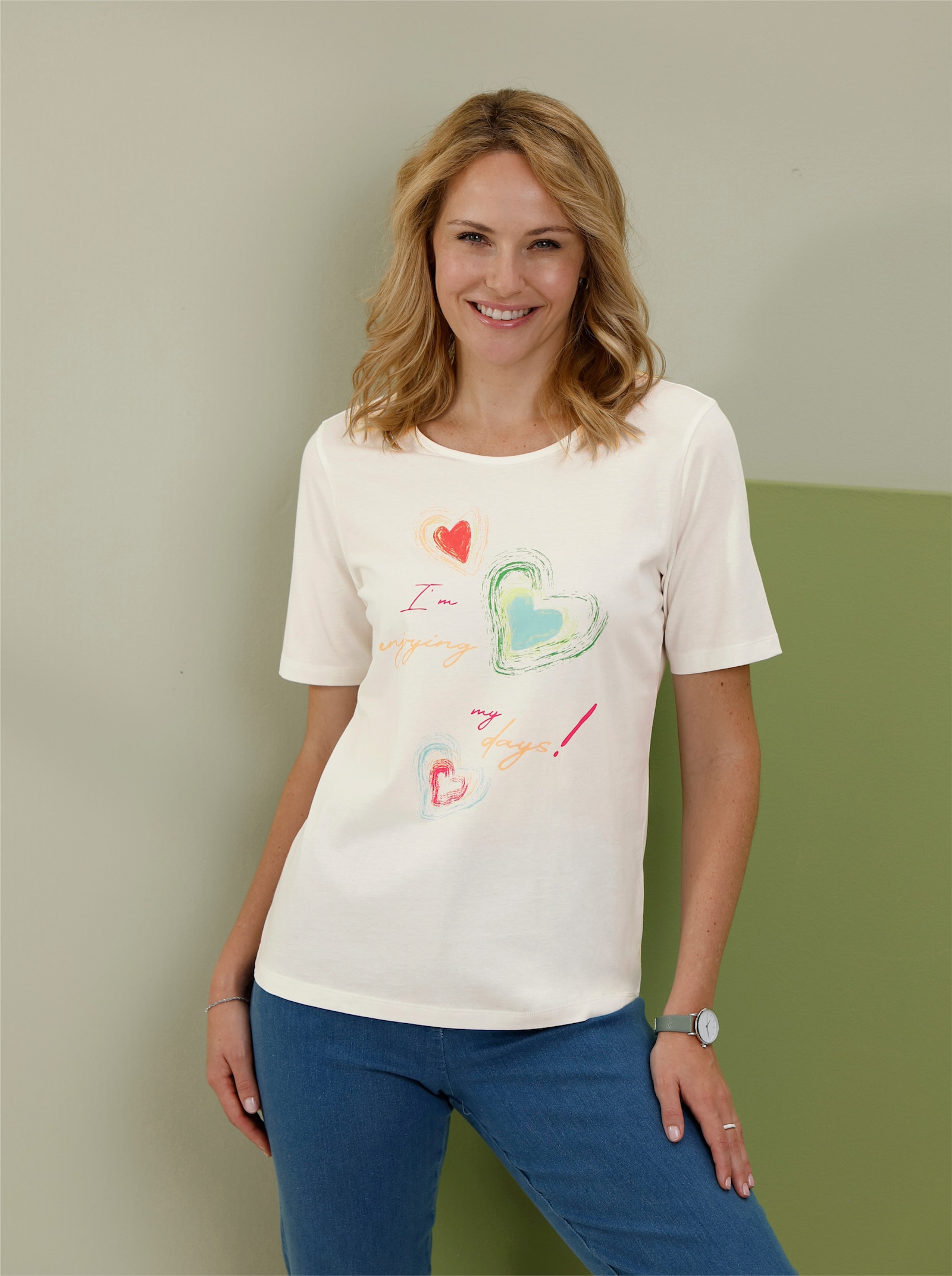 Kortärmad topp med placerat hjärttryck - ecru-äpple