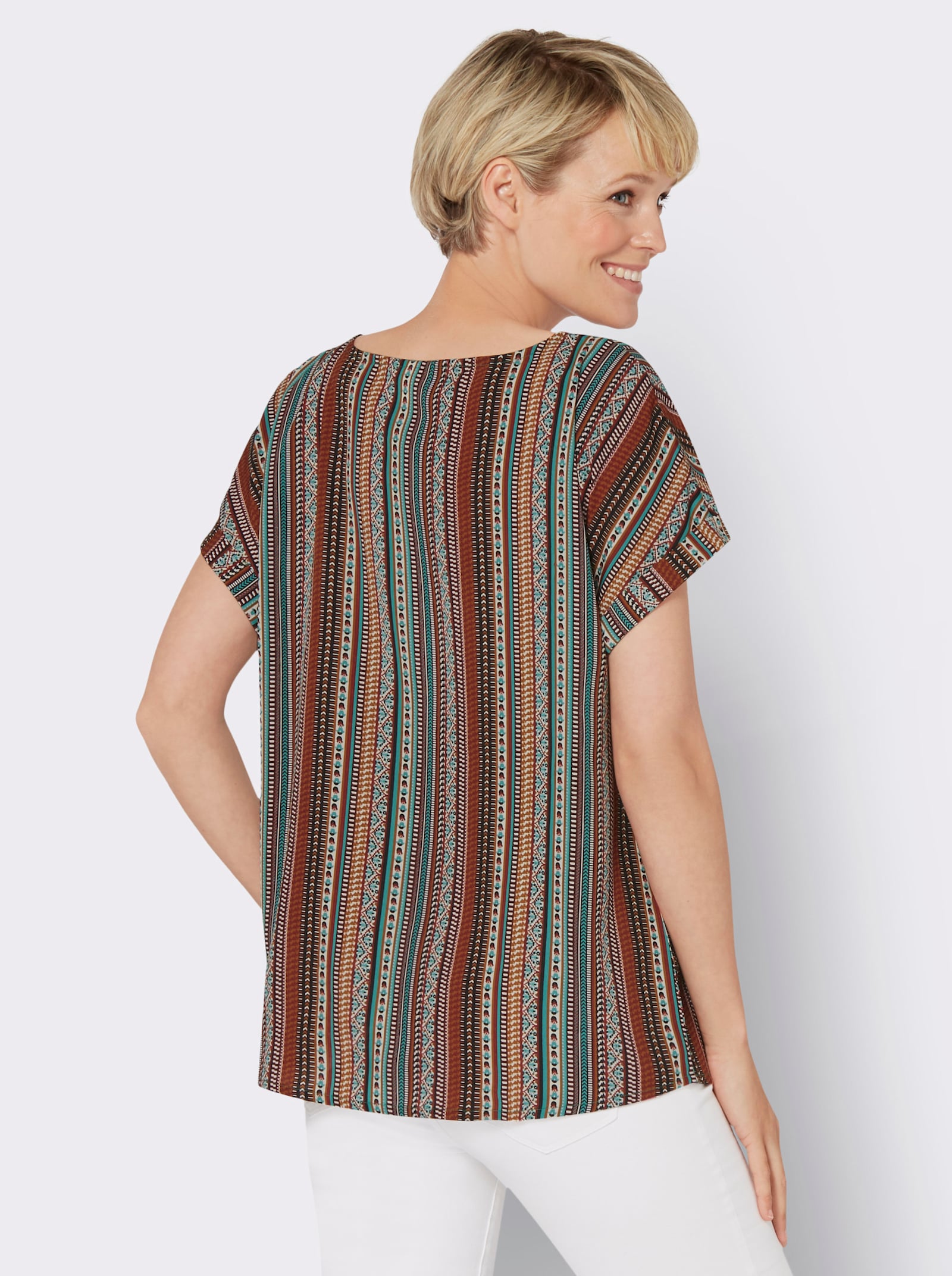 Navlékací halenka s etno vzorem - tmavěčervená-smaragdová-proužek