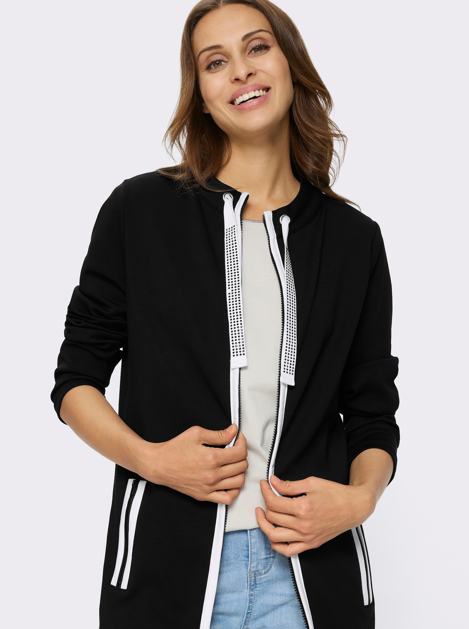 Sweatjacke mit 2-Wege-Reissverschluss - schwarz