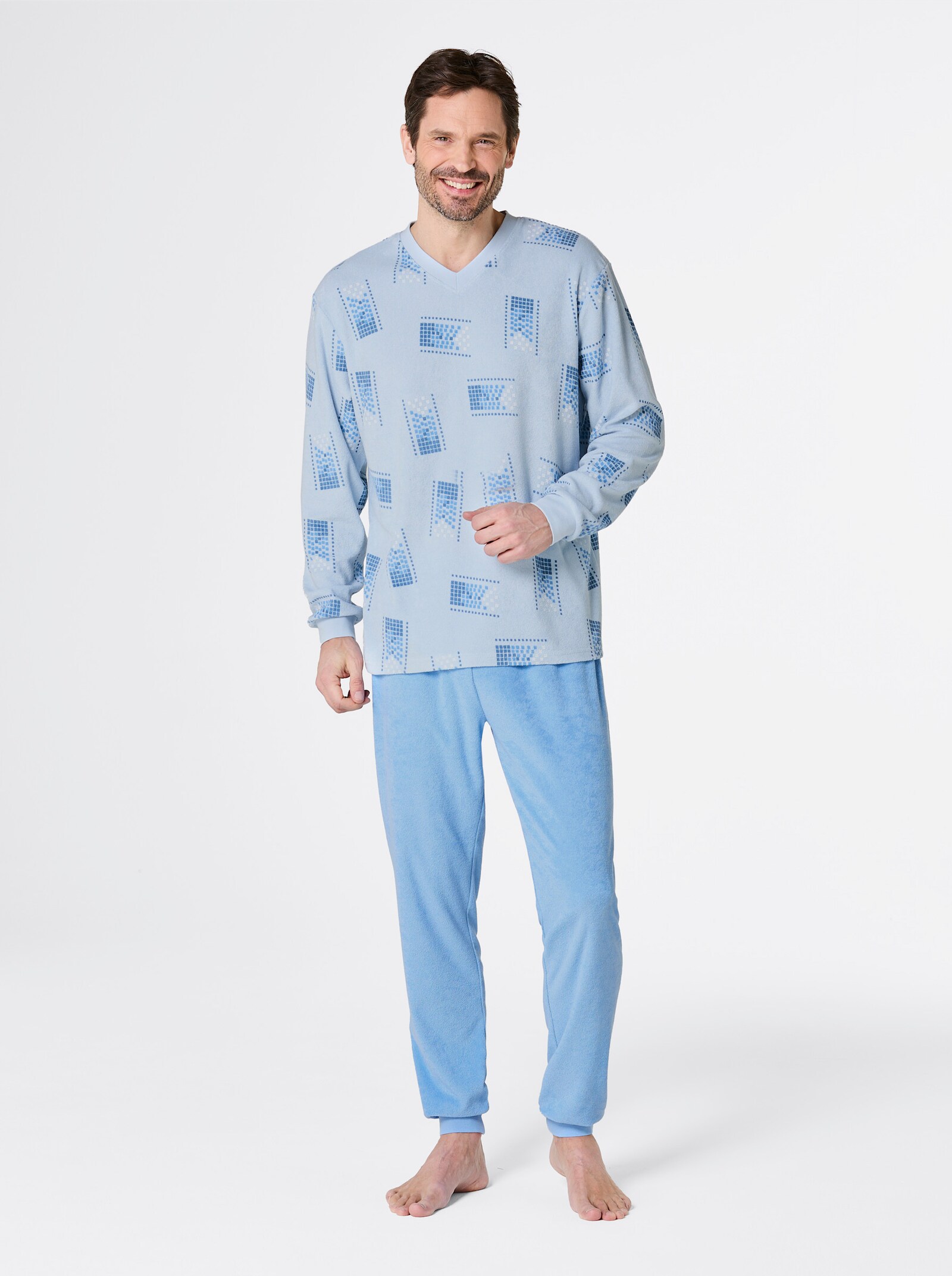 KINGsCLUB Schlafanzug aus Feinfrottee - hellblau-bedruckt