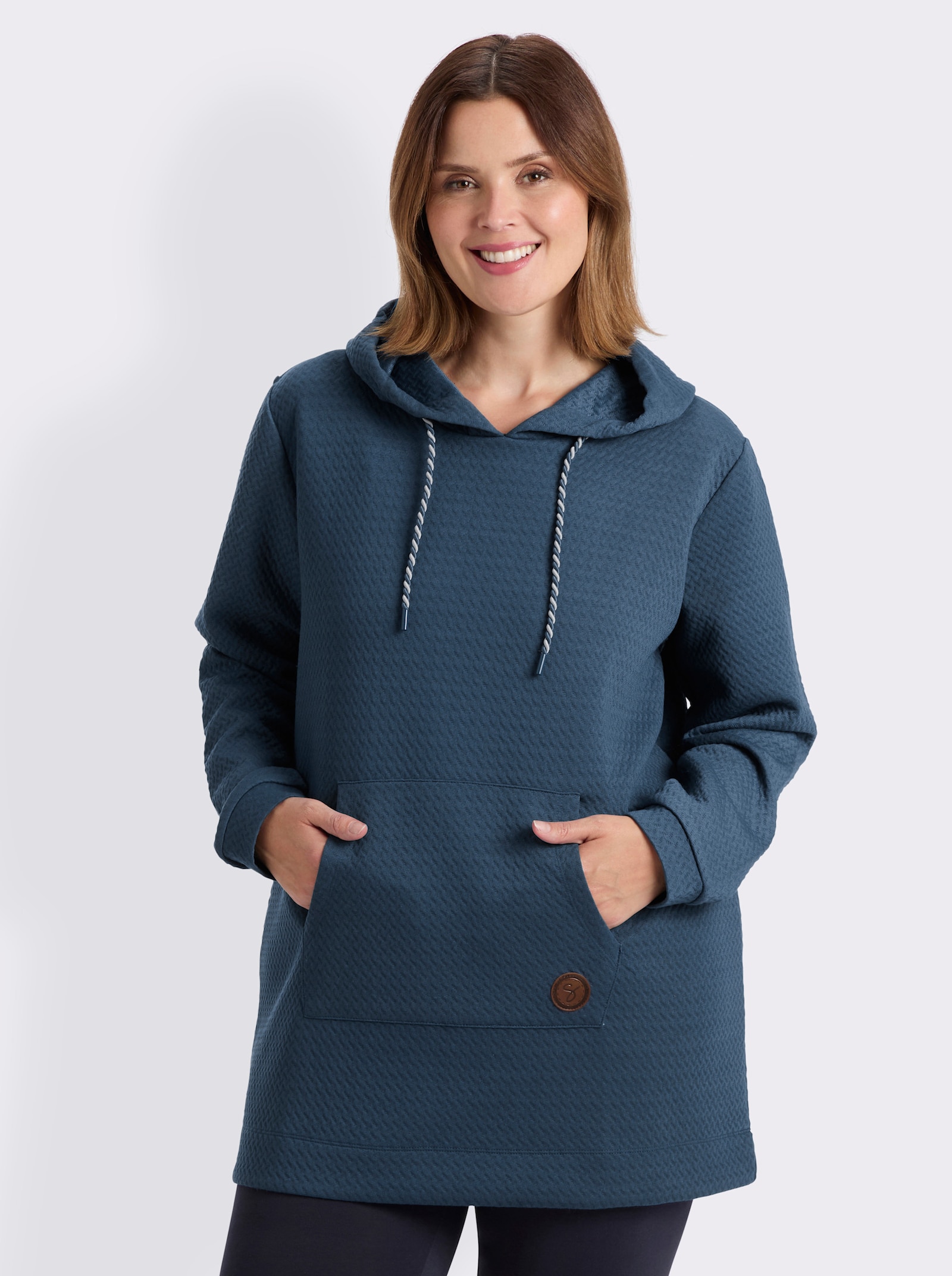 sheego Longsweatshirt mit Kapuzenkragen und Kängurutaschen - rauchblau