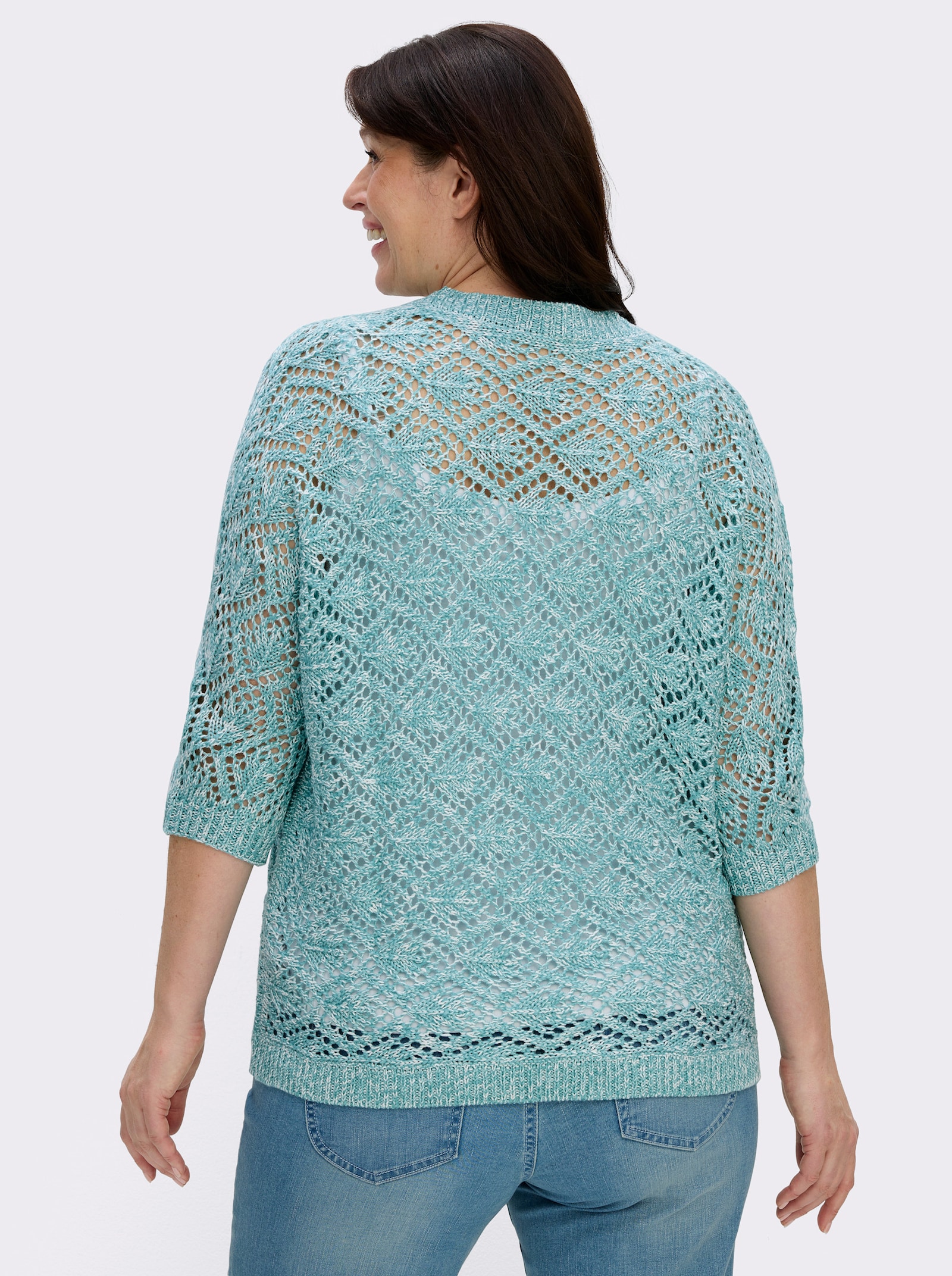 Ajourstrickjacke mit Fledermaus-Ärmeln - ozean-ecru-meliert