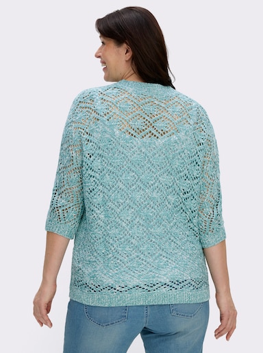 Ajourstrickjacke mit Fledermaus-Ärmeln - ozean-ecru-meliert