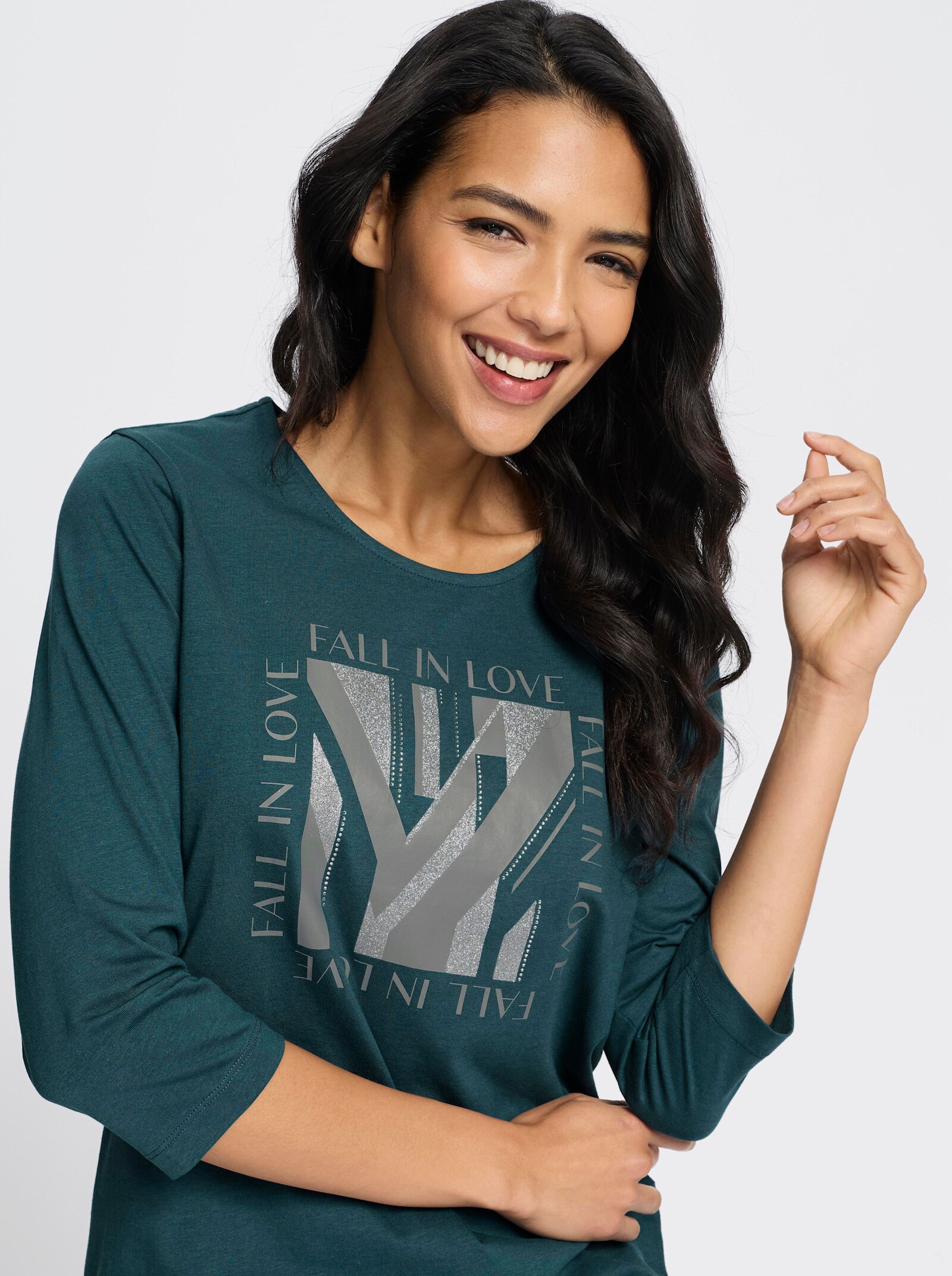 3/4-Arm-Shirt mit Glitzerdruck - petrol-grau